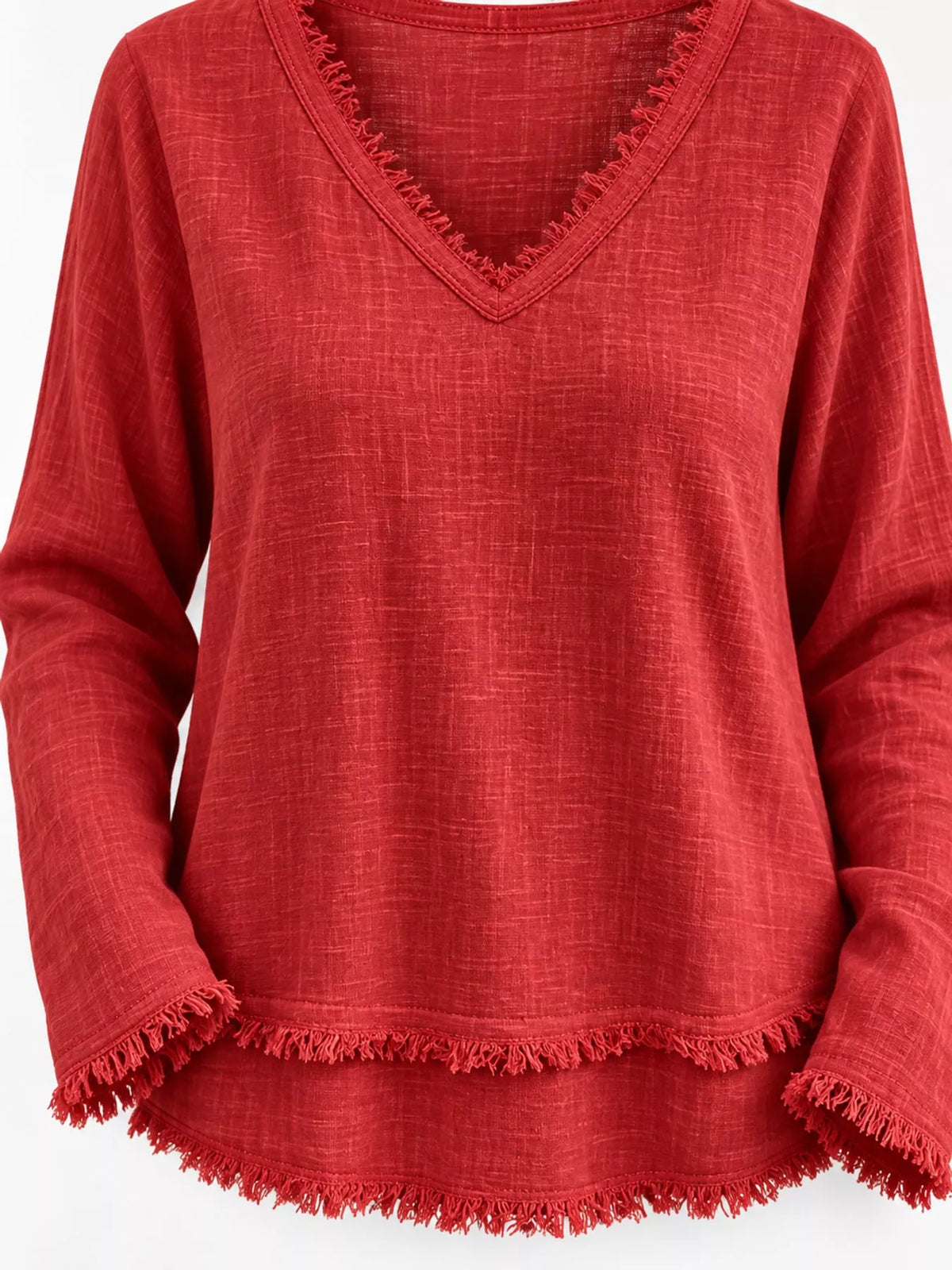 Frayed-hem blouse, red front hem detail