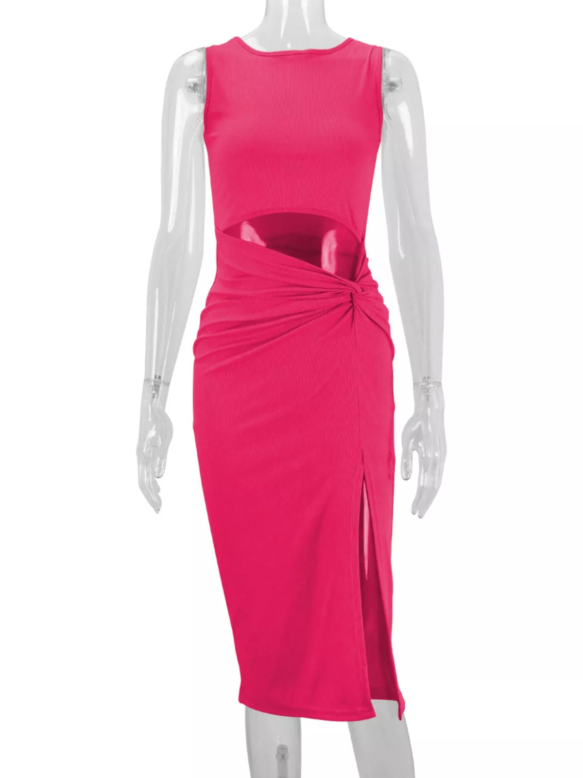 Women's Sleeveless Cut-Out Ruched High-Slit Bodycon Dress in pink — mannequin front view