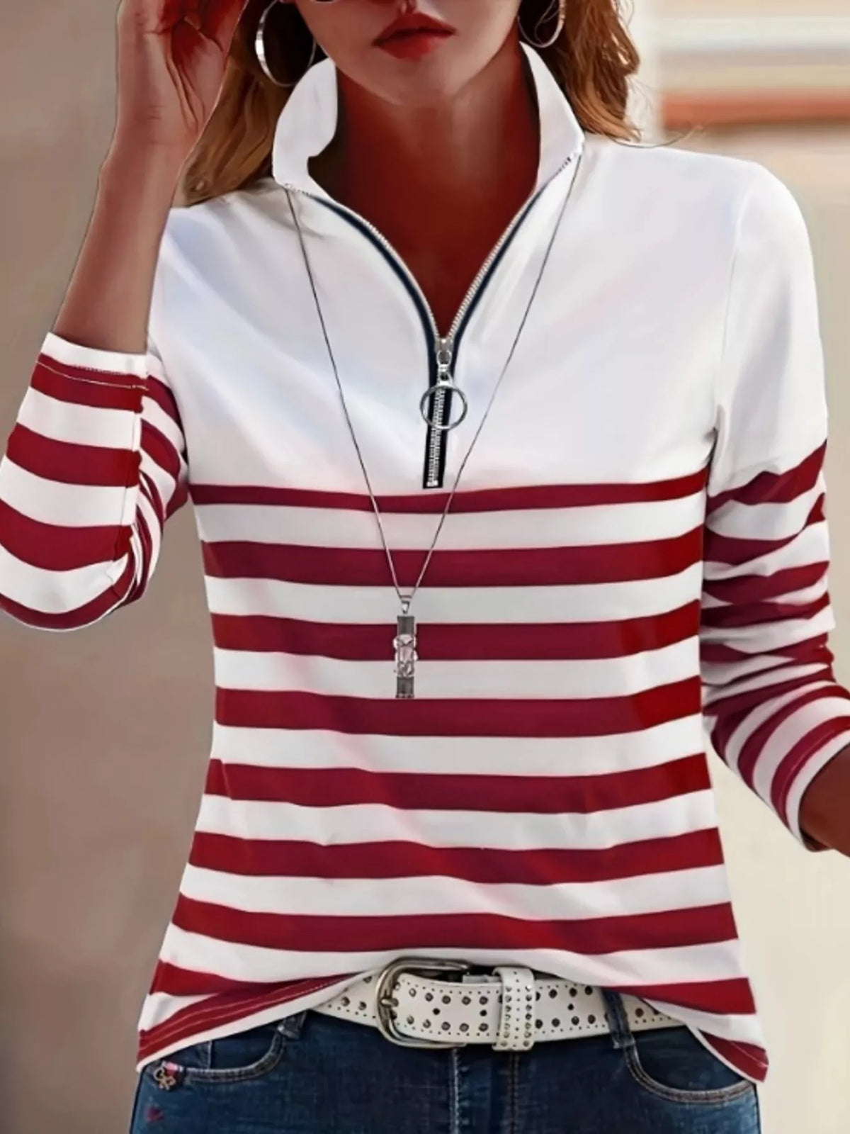 Red and white quarter-zip striped top, front view