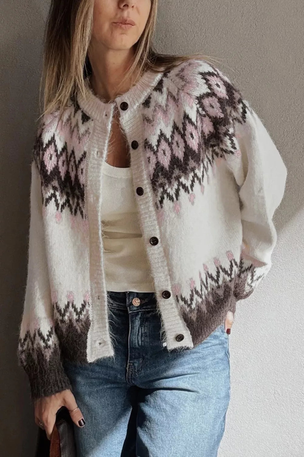 Trendsi Geometric Pattern Brushed Knit Button Cardigan -
