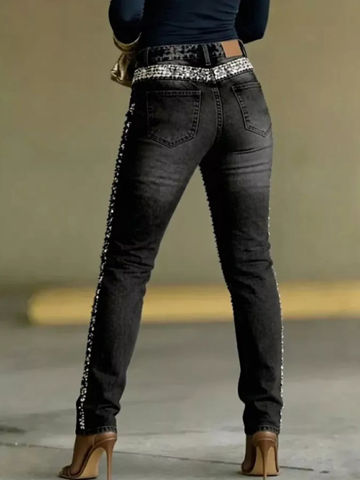 Black rhinestone embellished slim fit jeans