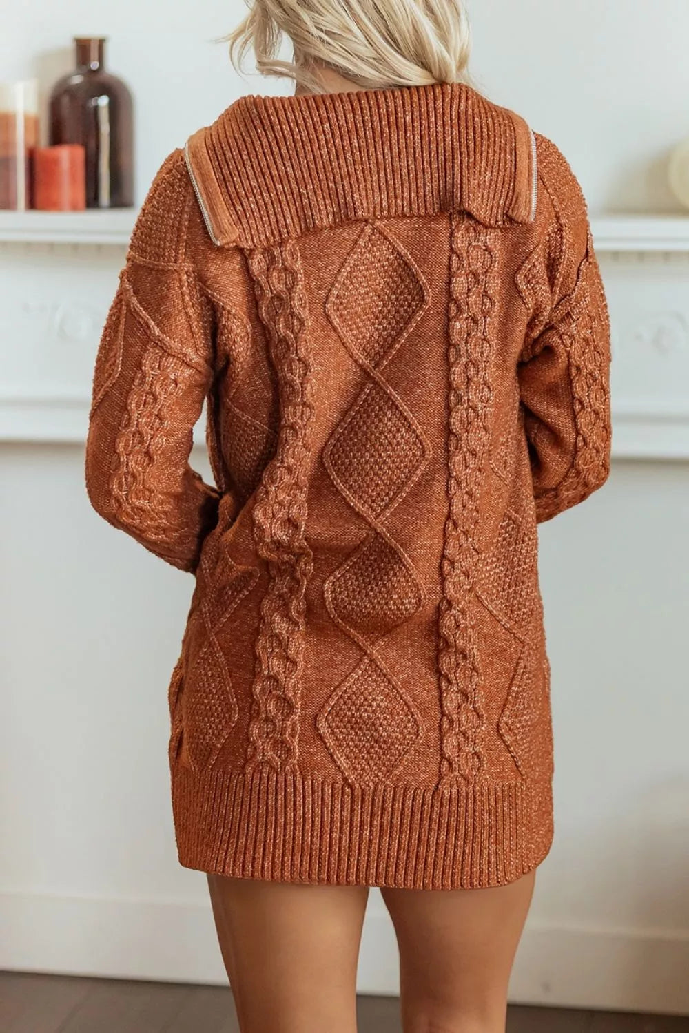 Trendsi Zip-Up Cable Knit Drop Shoulder Sweater Dress -