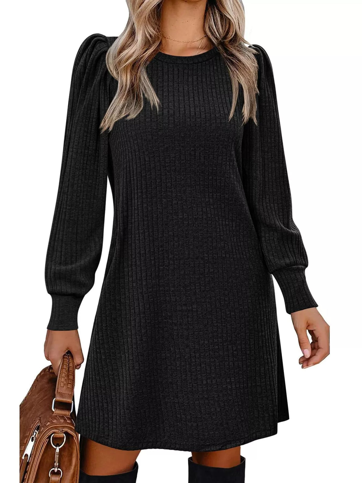 Ribbed puff-sleeve dress, black front