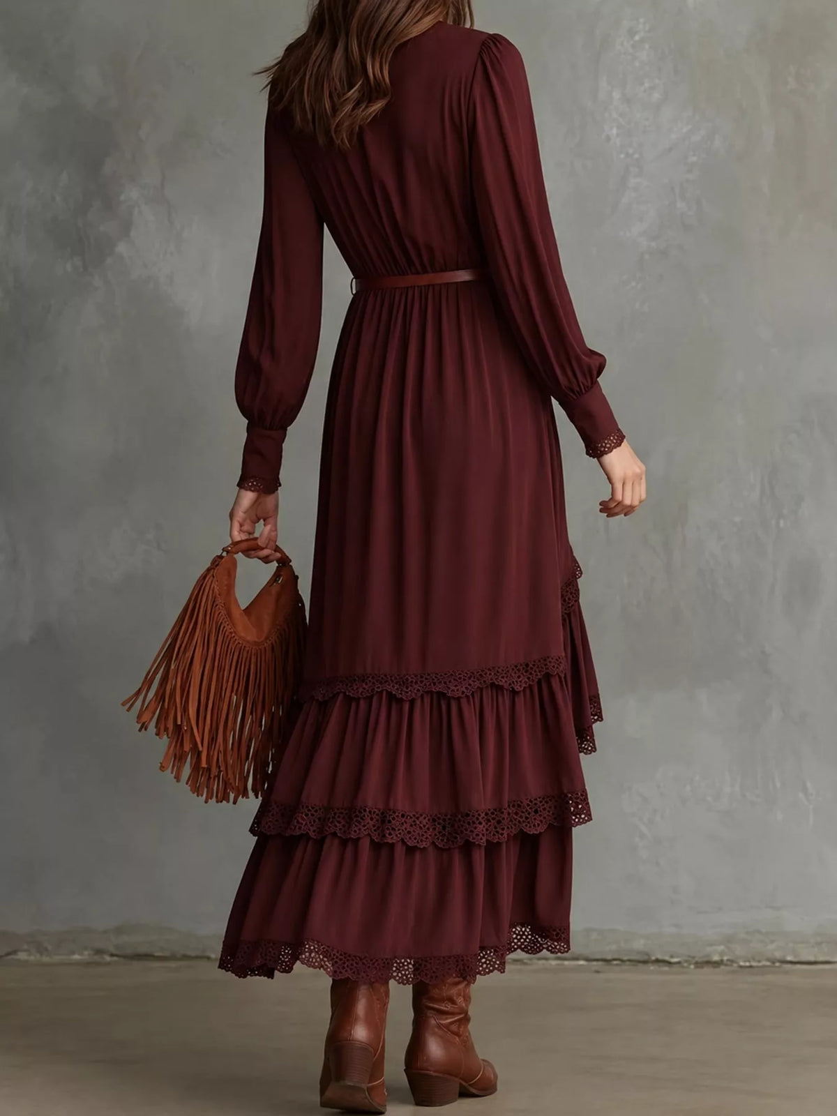 High-Low Hem Surplice Dress, back view in burgundy