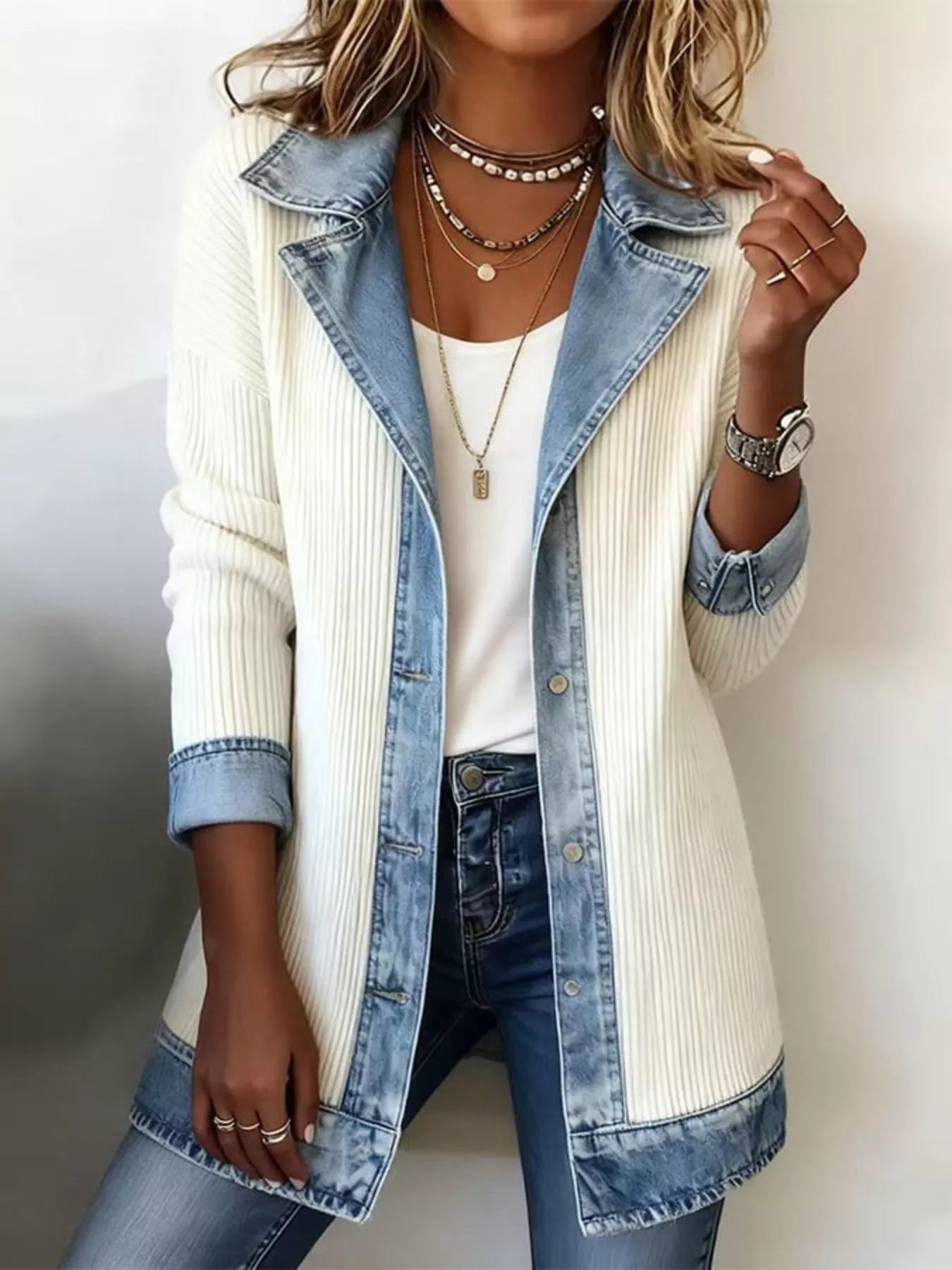 Trendsi Full Size Denim Trim Ribbed Knit Jacket Plus Size -