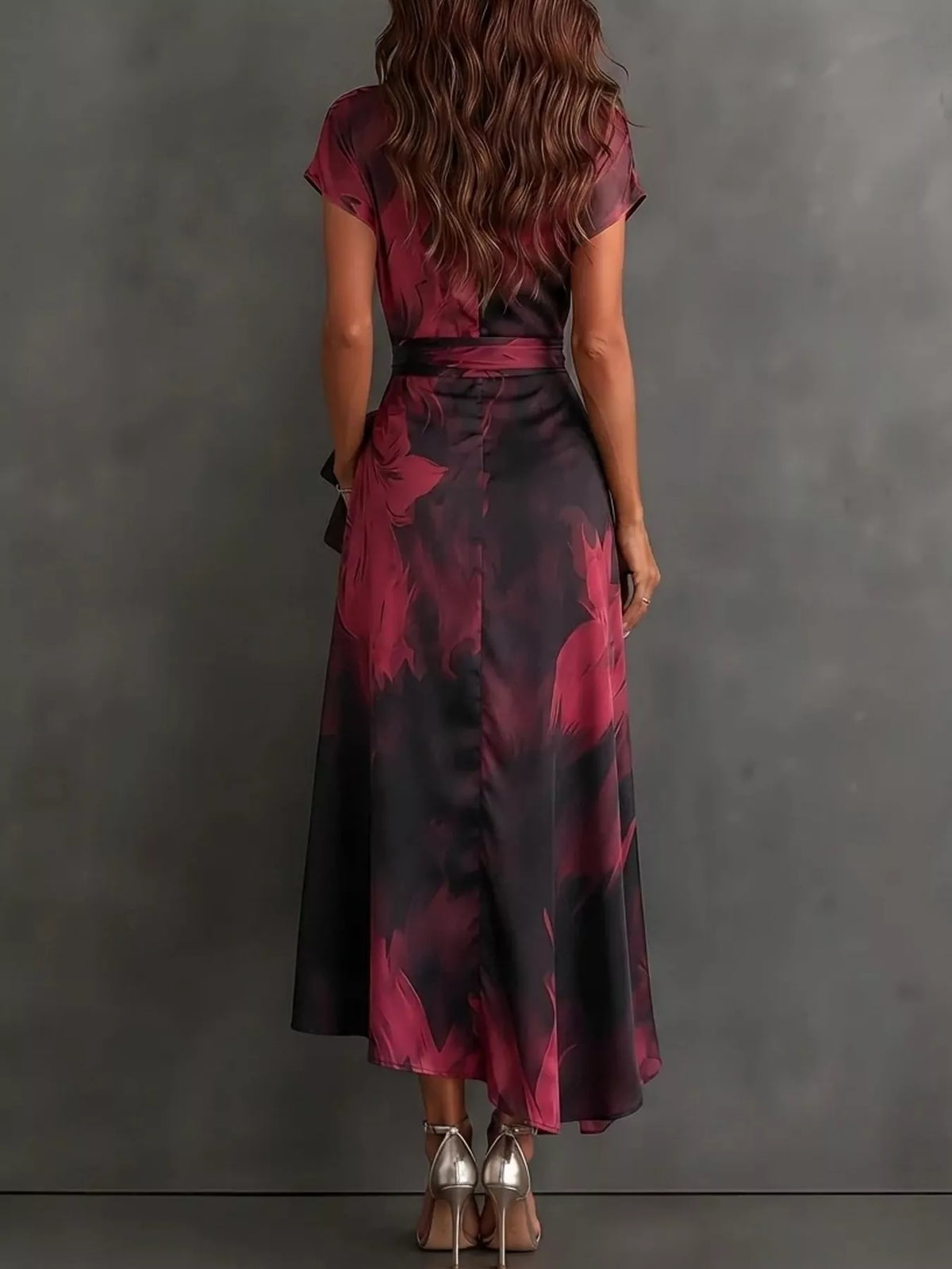 Red and black tie-detail surplice dress, back view