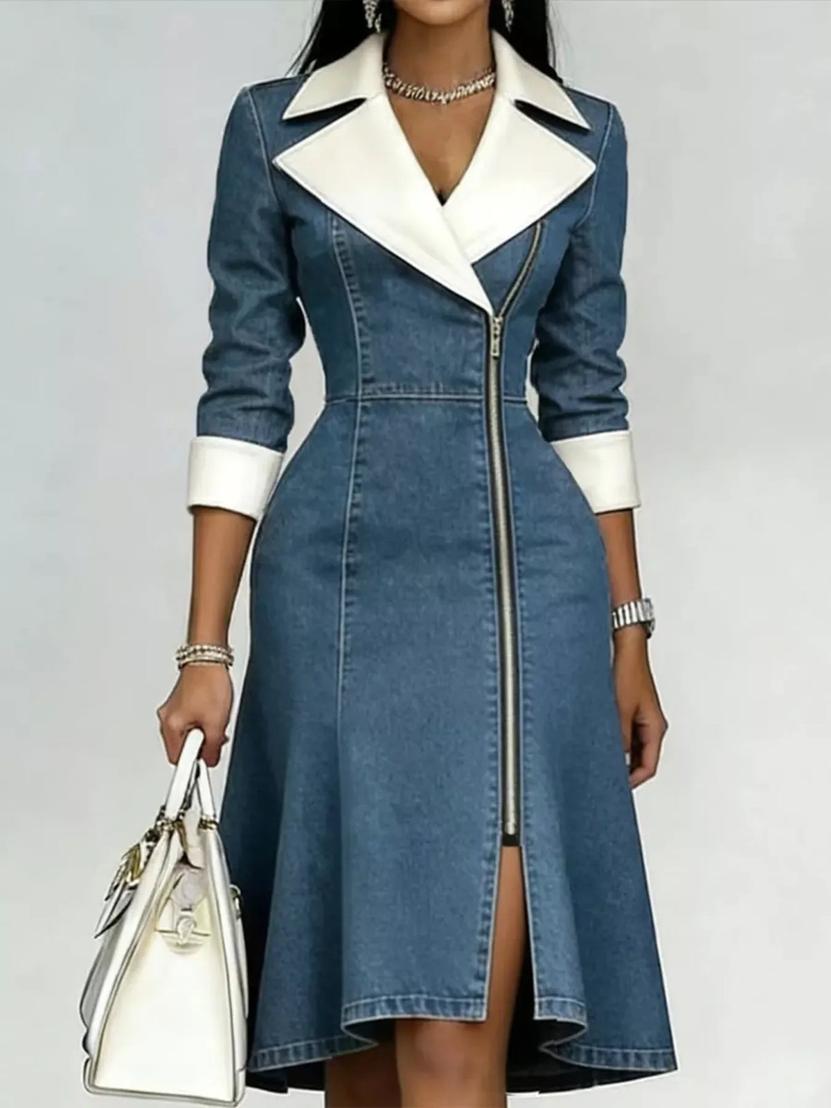 Trendsi Full Size Contrast Lapel Zip-Front Denim Dress Plus Size -