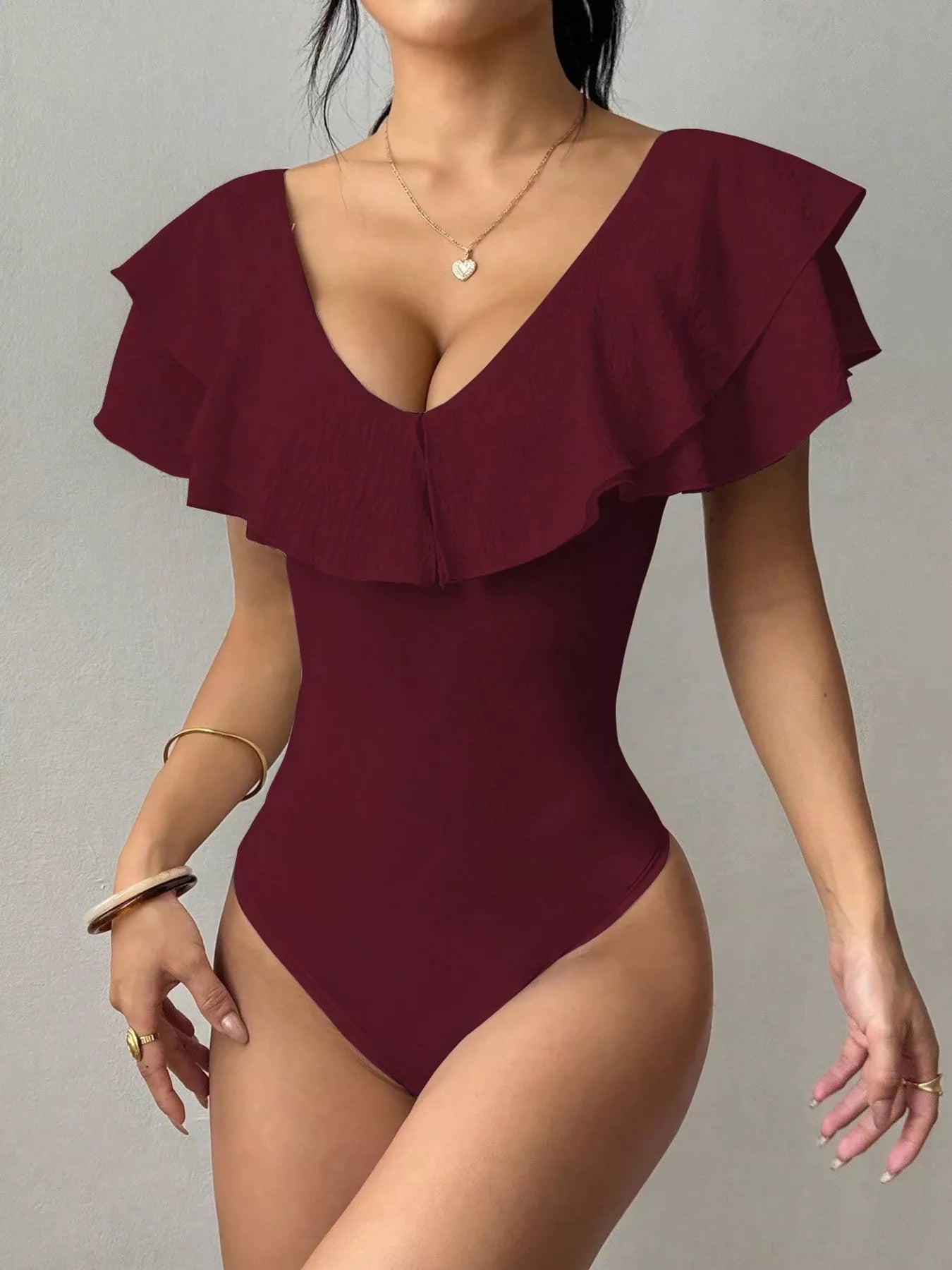 Trendsi Ruffle Trim V-Neck Bodysuit -