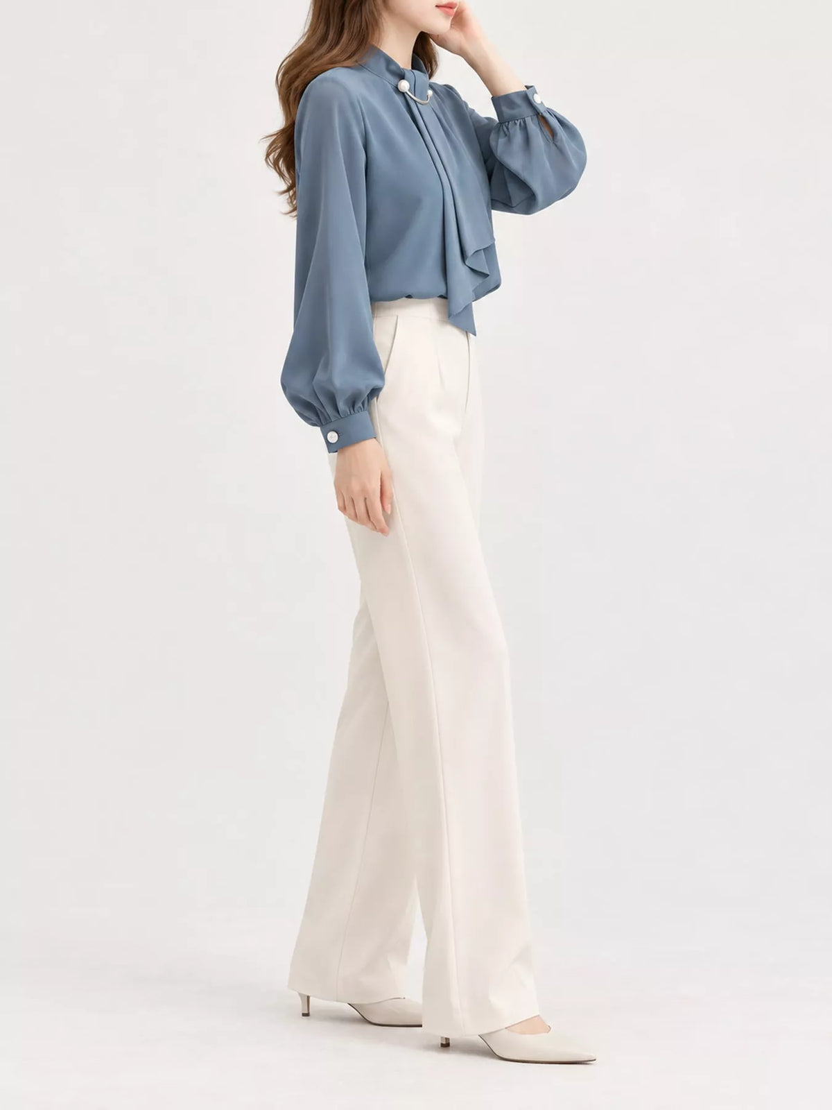 Mock Neck Blouse with Pearl Accent and Lantern Sleeves in blue