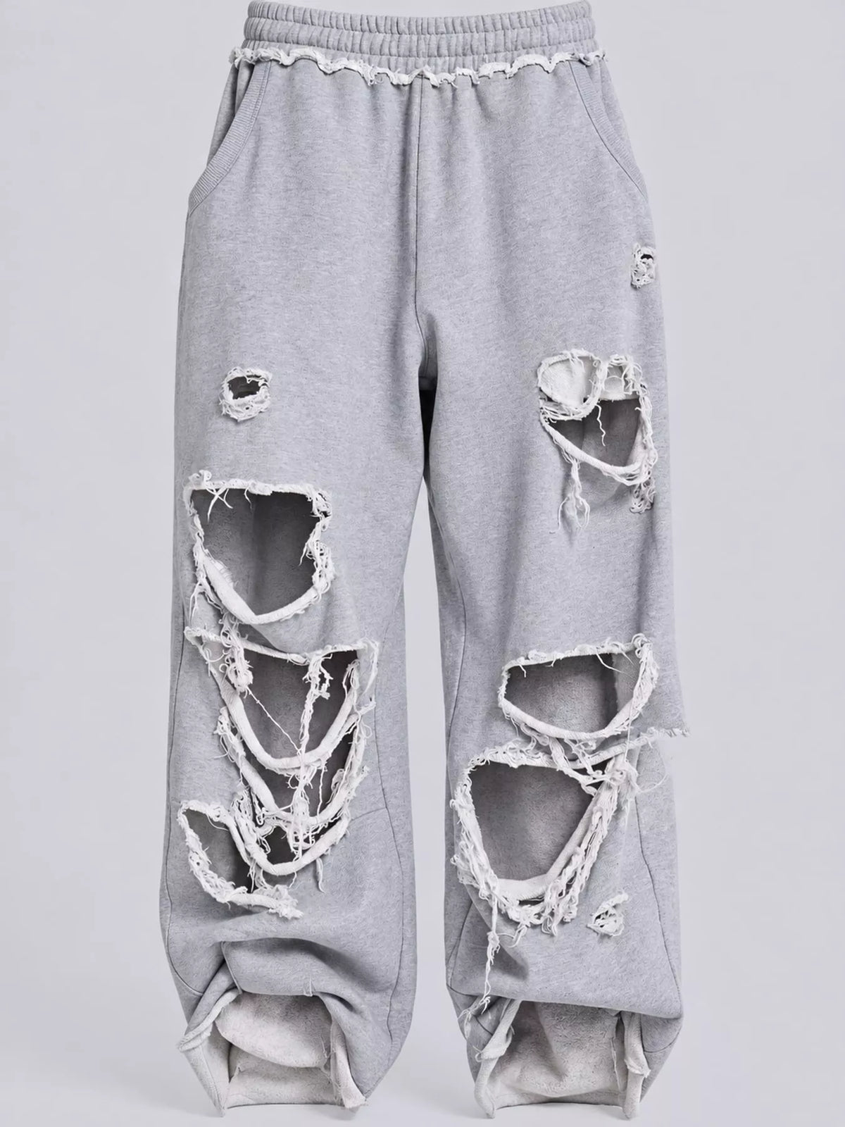 Distressed high-waisted wide-leg sweatpants, detail view