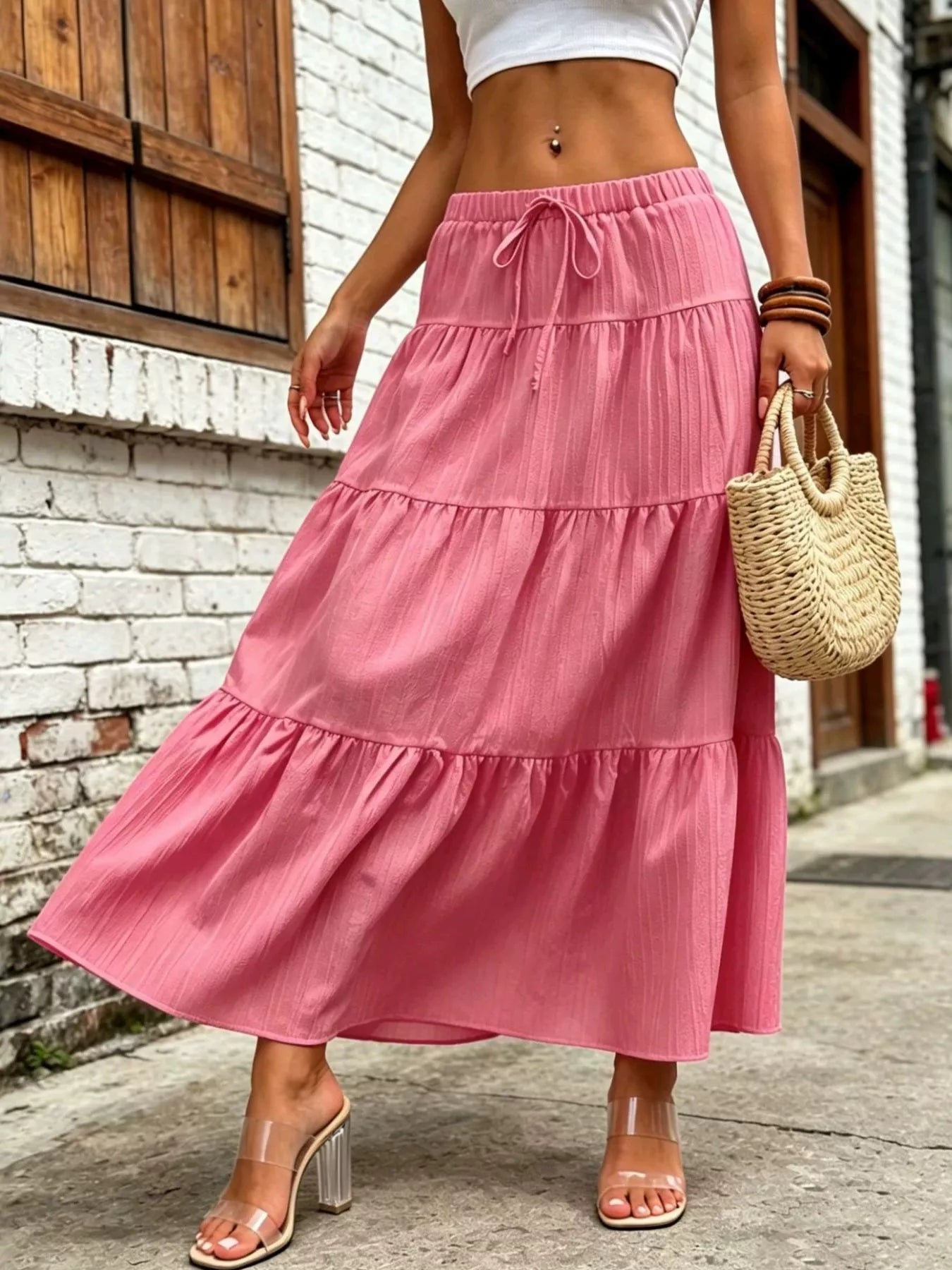 Trendsi Tiered Maxi Skirt with Drawstring Waist -