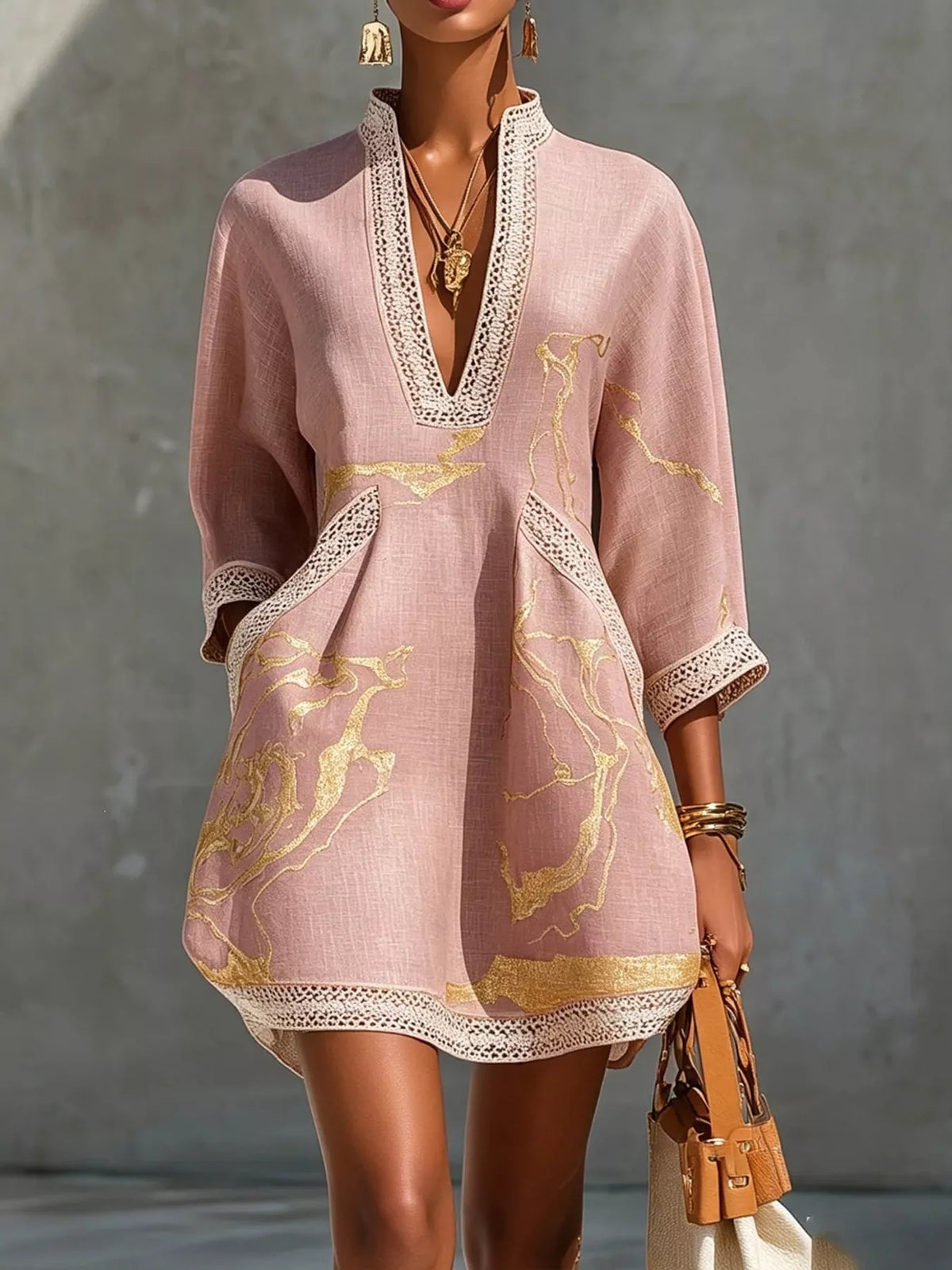 Pink notched 3/4 sleeve mini dress