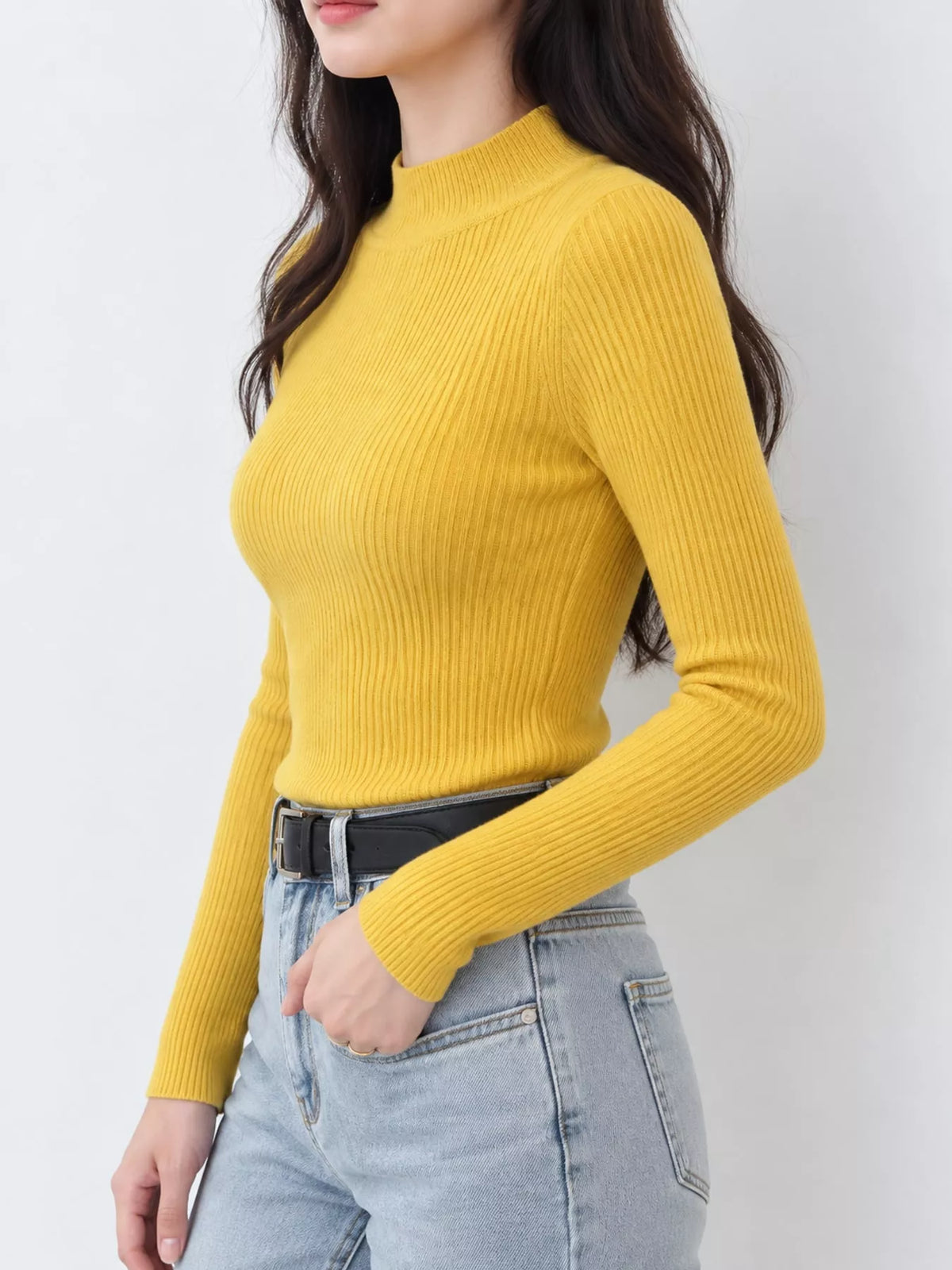 Yellow ribbed mock neck long sleeve knit top