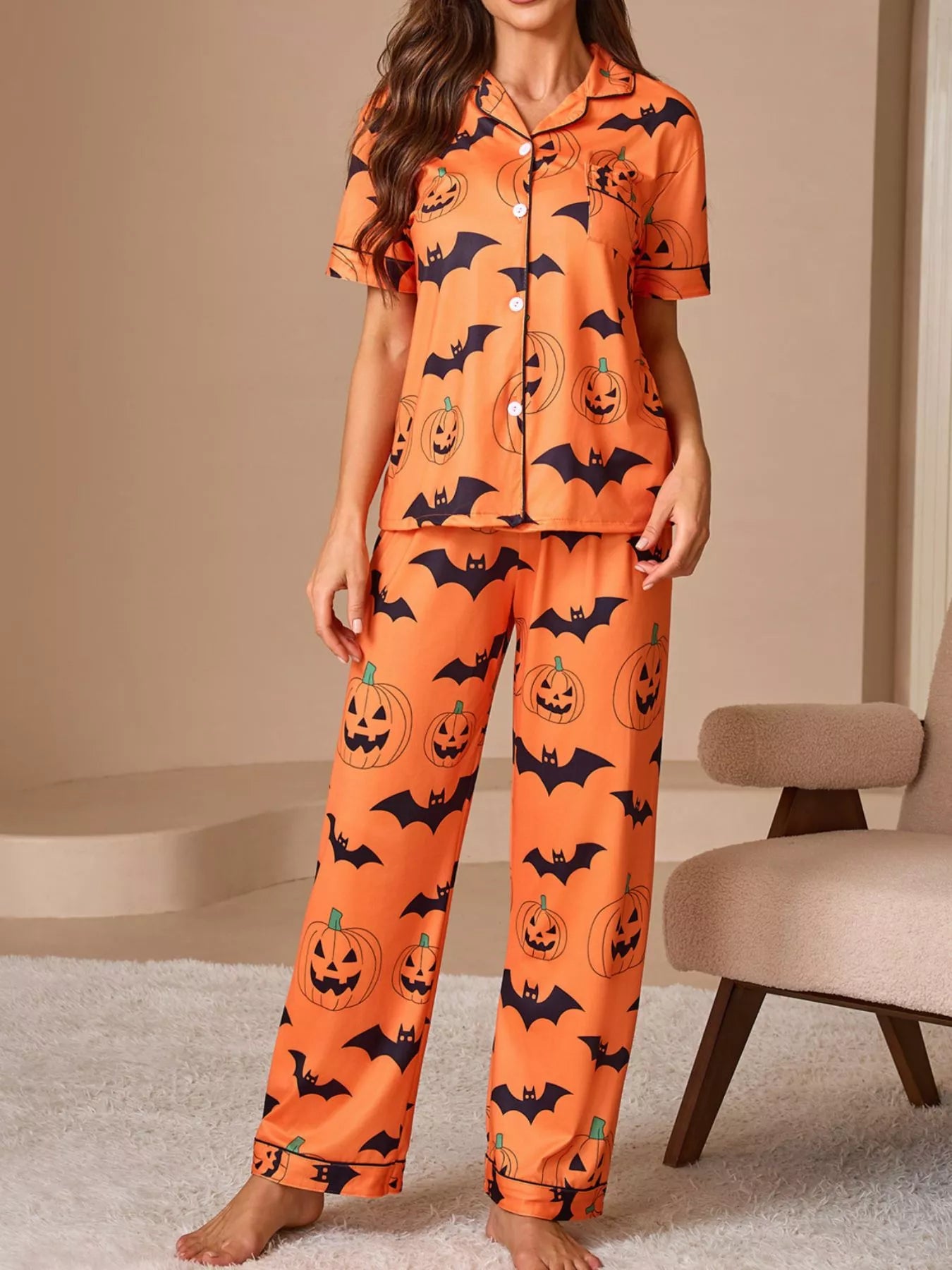 Trendsi Halloween Pumpkin and Bat Print Button-Down Top and Pants Lounge Set -