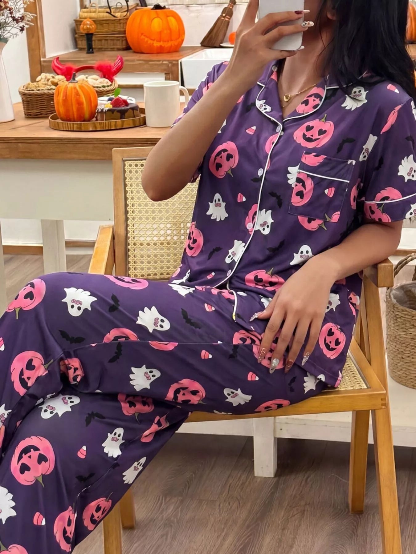 Trendsi Halloween Pumpkin Print Button-Down Top and Pants Set -