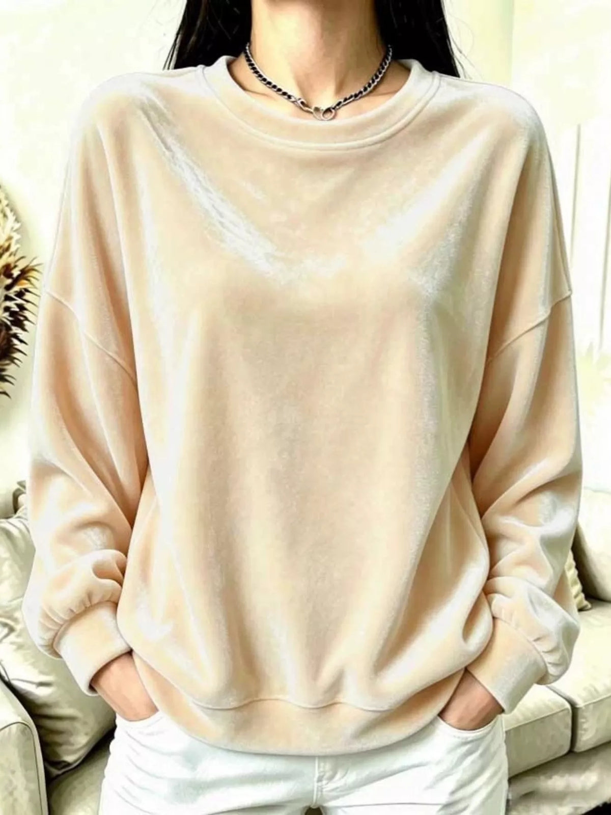 Women's Velvet Dropped Shoulder Sweatshirt in cream — front view