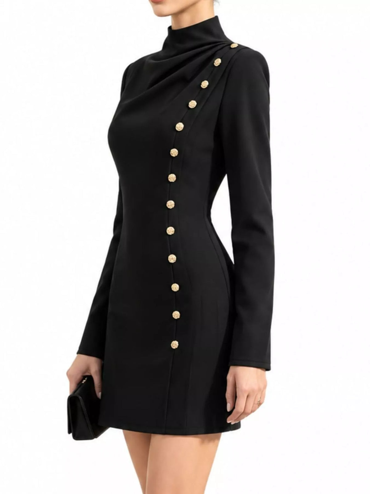 Black decorative button mock neck mini dress, side view