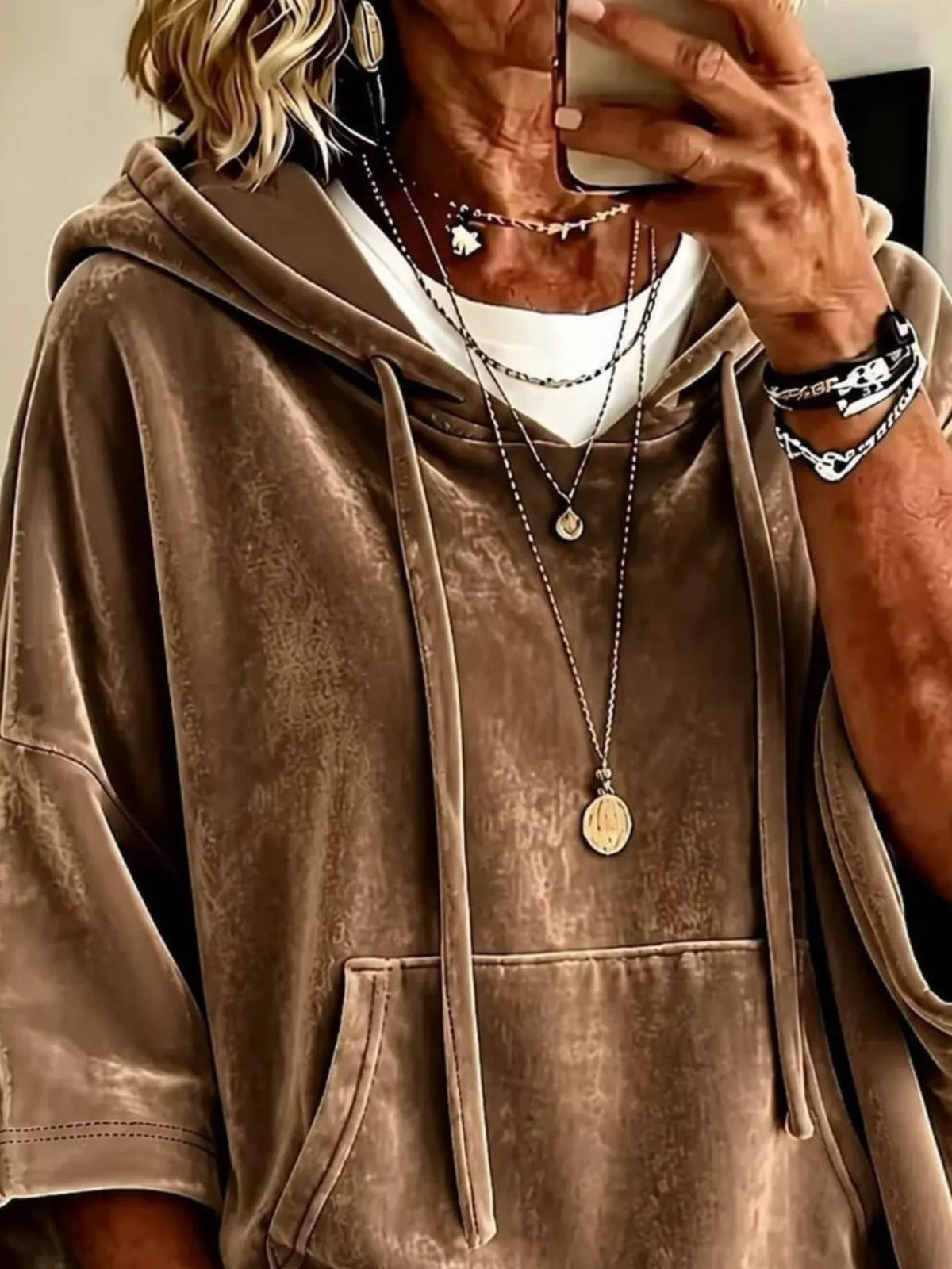 Camel velvet kangaroo pocket drawstring hoodie