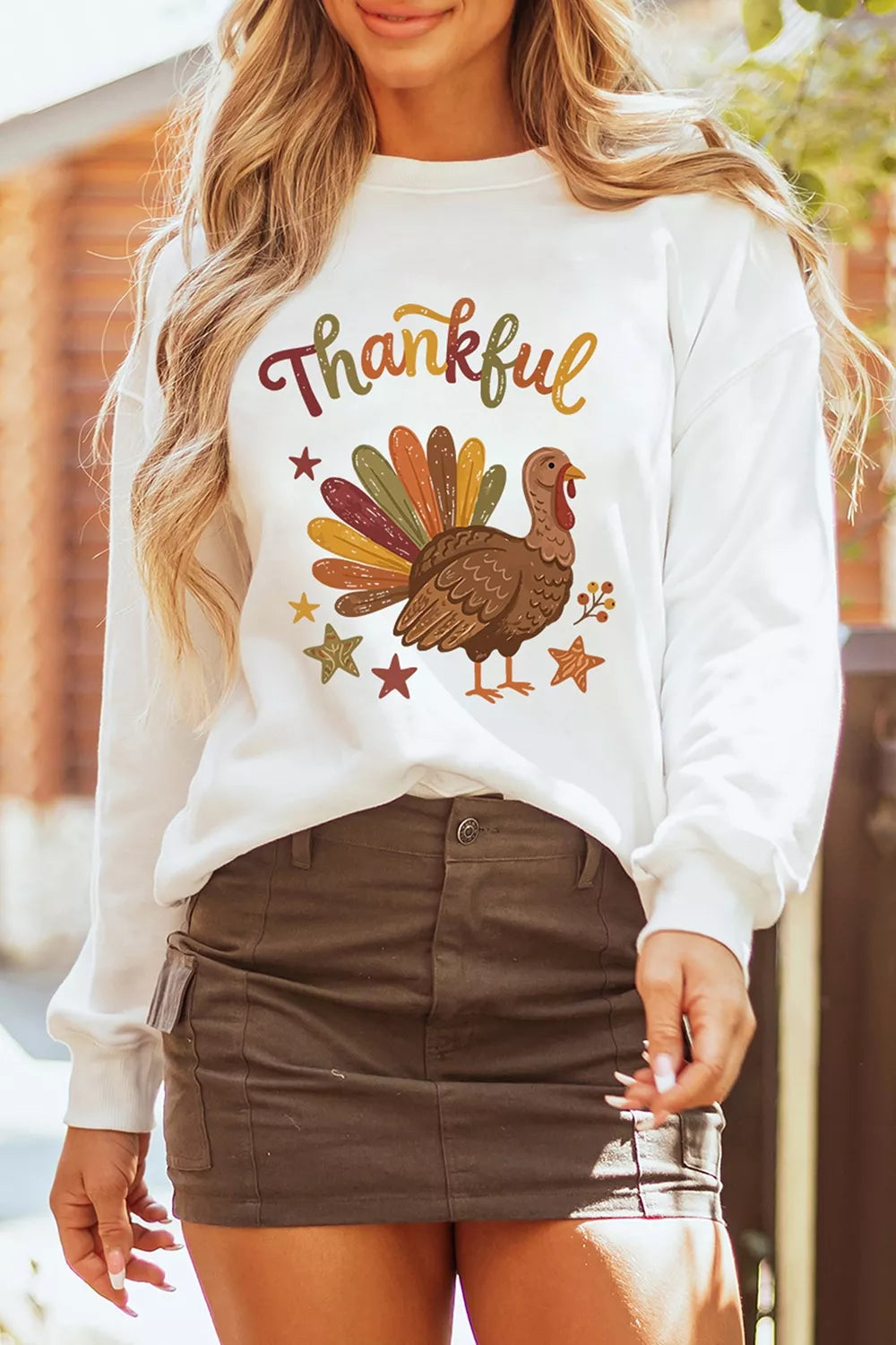White Thankful turkey graphic sweatshirt, front view