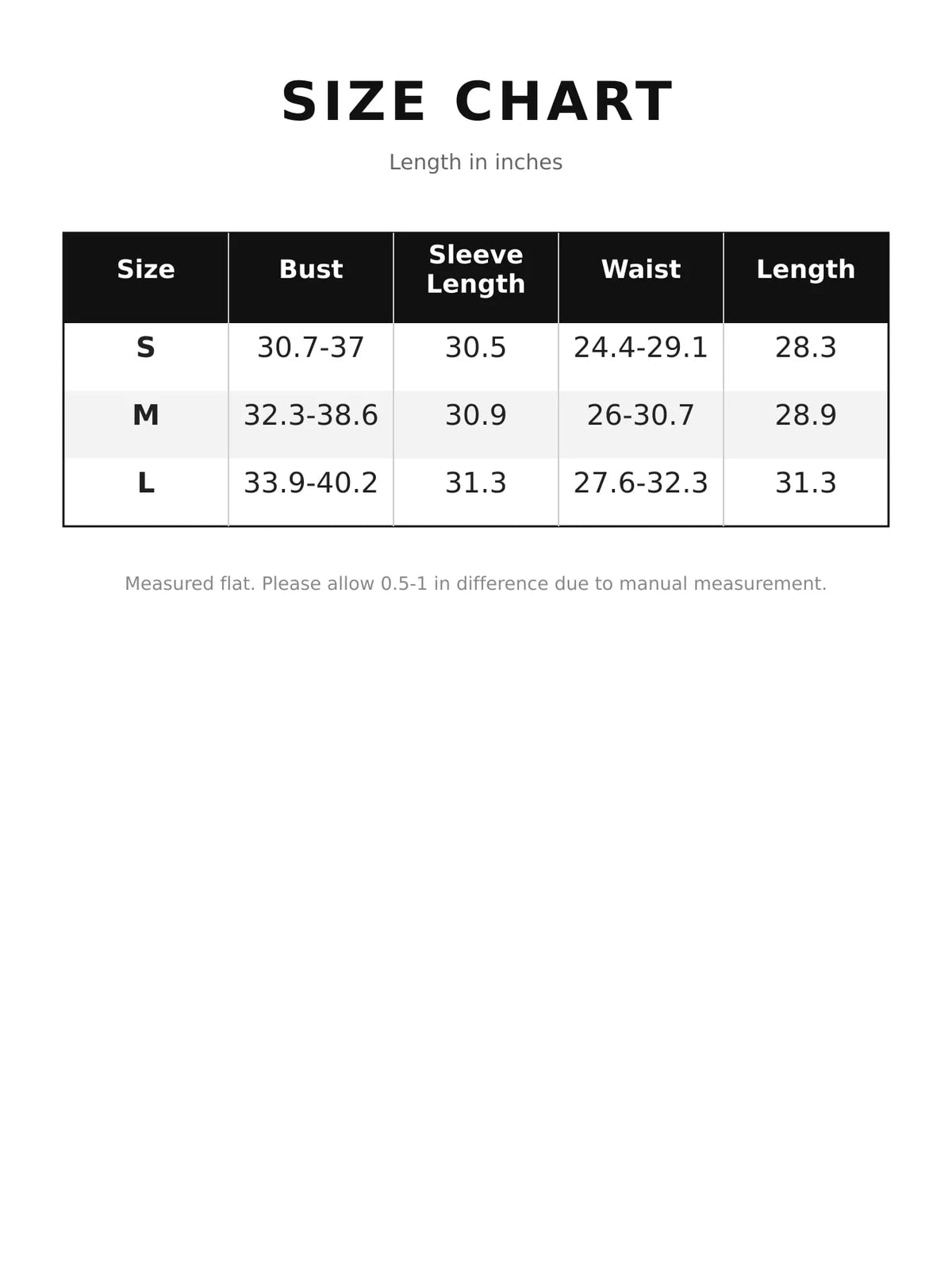Size chart for turtleneck long sleeve bodysuit