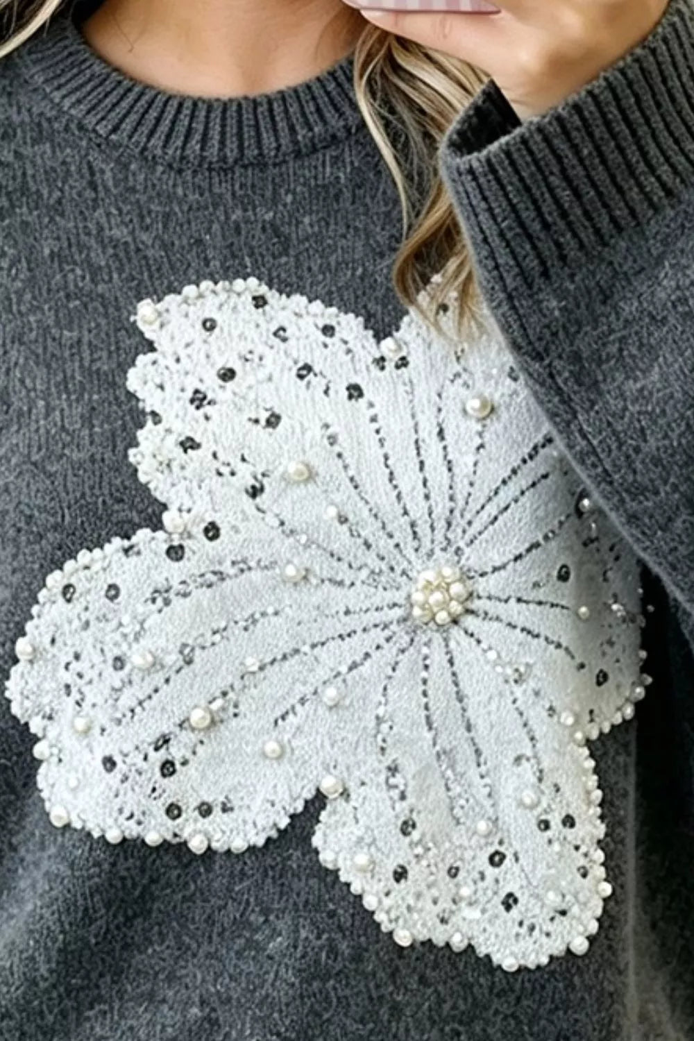 Pearl Embellished Floral Drop-Shoulder Sweater in Dark Gray
