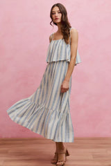 Trendsi SO ME Stripe Tiered Shoulder Tie Midi Lined Dress -