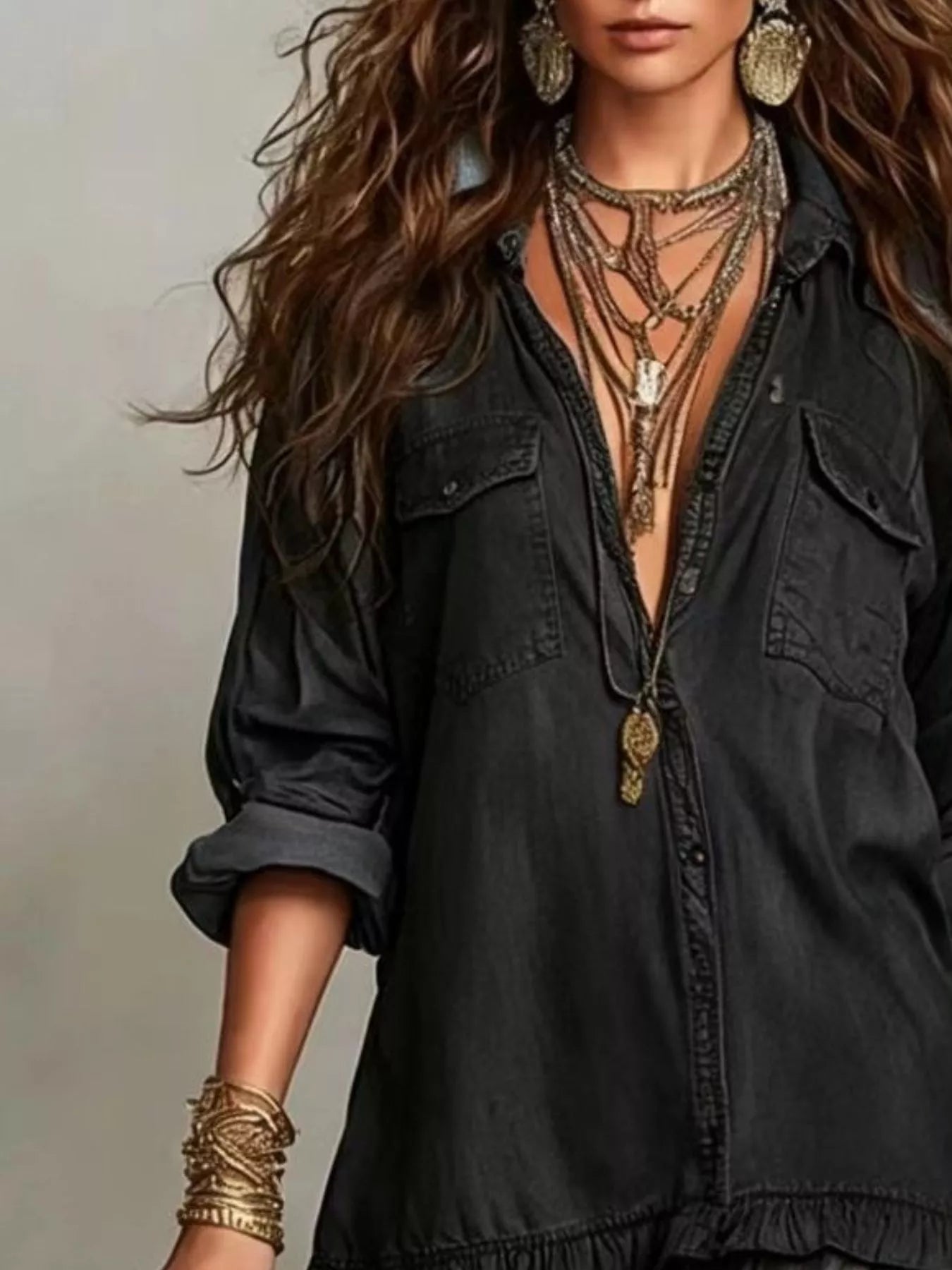Trendsi Full Size Tiered Long Sleeve Denim Shirt Maxi Dress Plus Size -