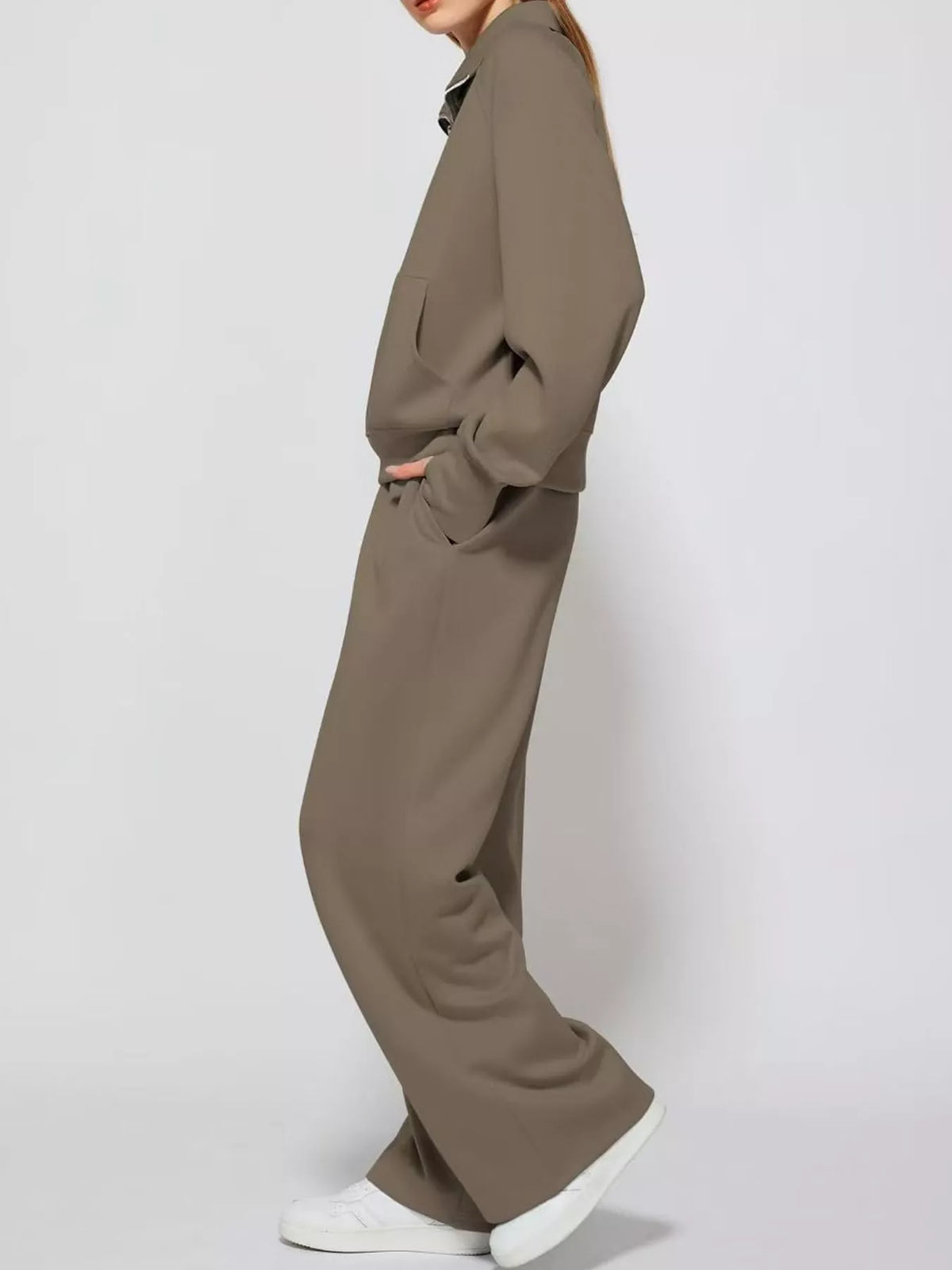 Half-zip top and pants set, taupe side