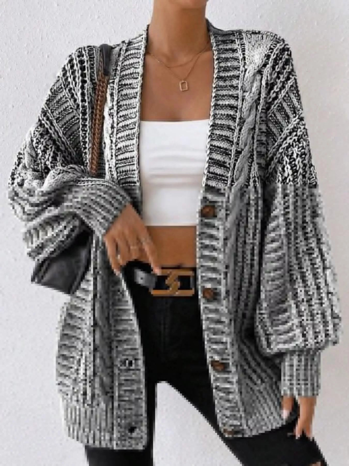 Gray chunky cable knit button down cardigan, front view