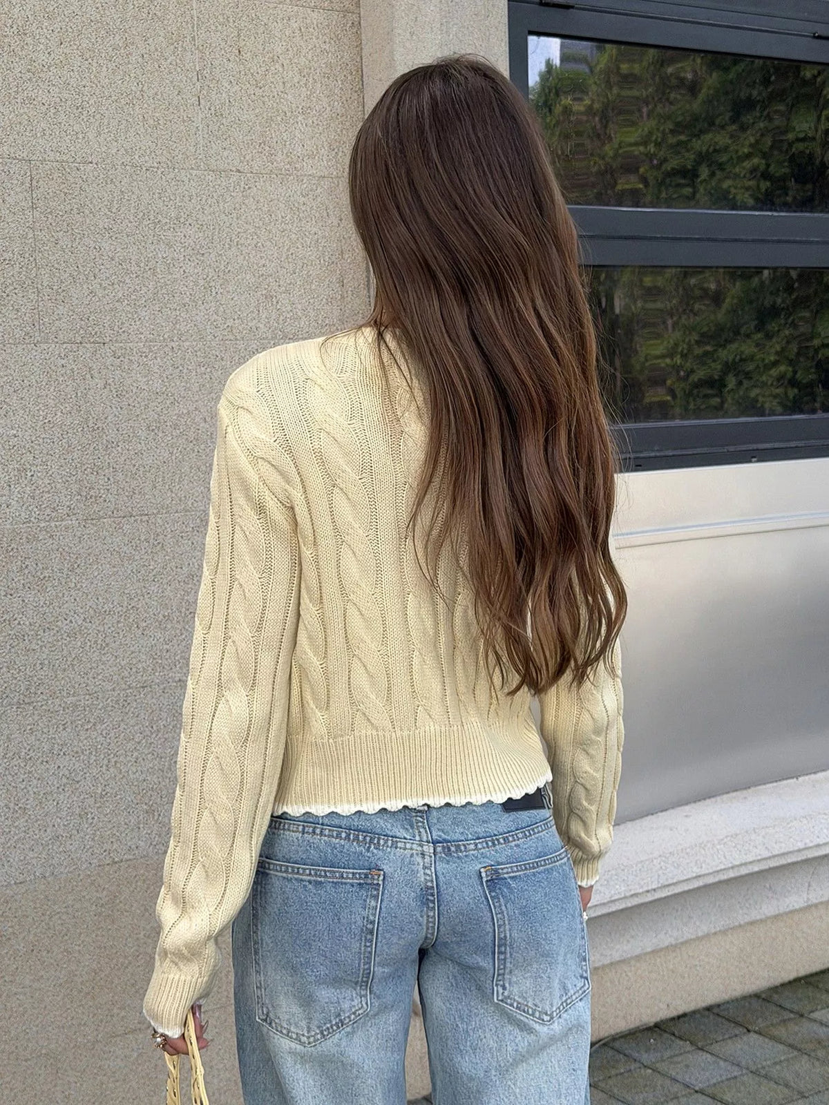 Cable Knit Button-Down Cropped Cardigan in cream, back view