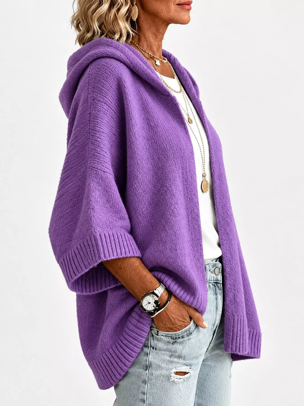 Hooded knit cardigan, purple side