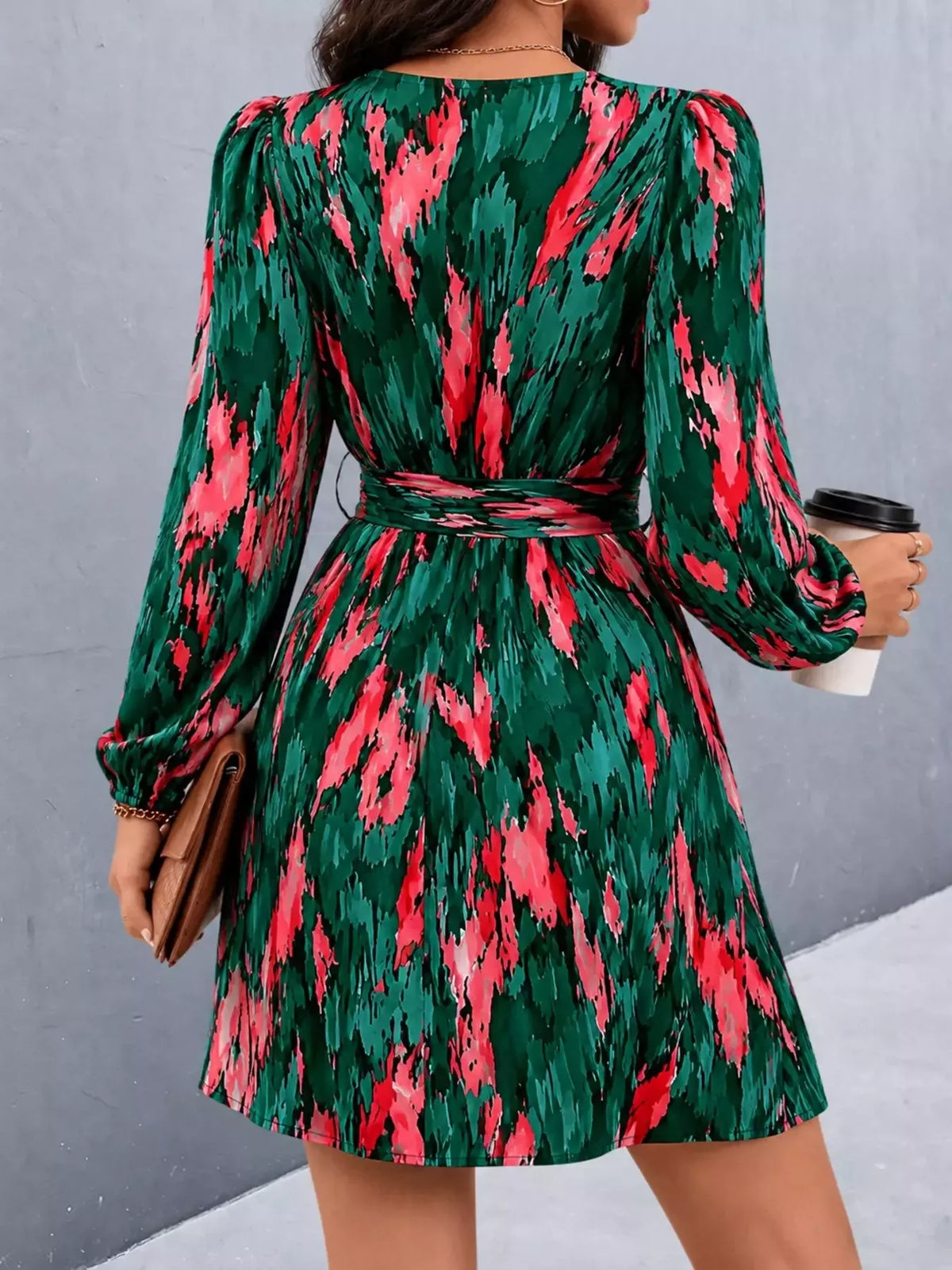 Long Sleeve Abstract Print Wrap Dress with Tie Waist, back view in dark green