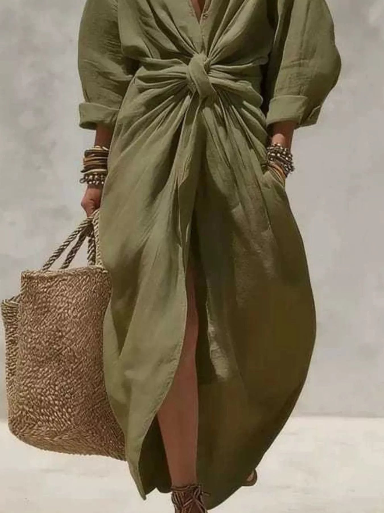 Trendsi Front-Tie Maxi Shirt Dress -