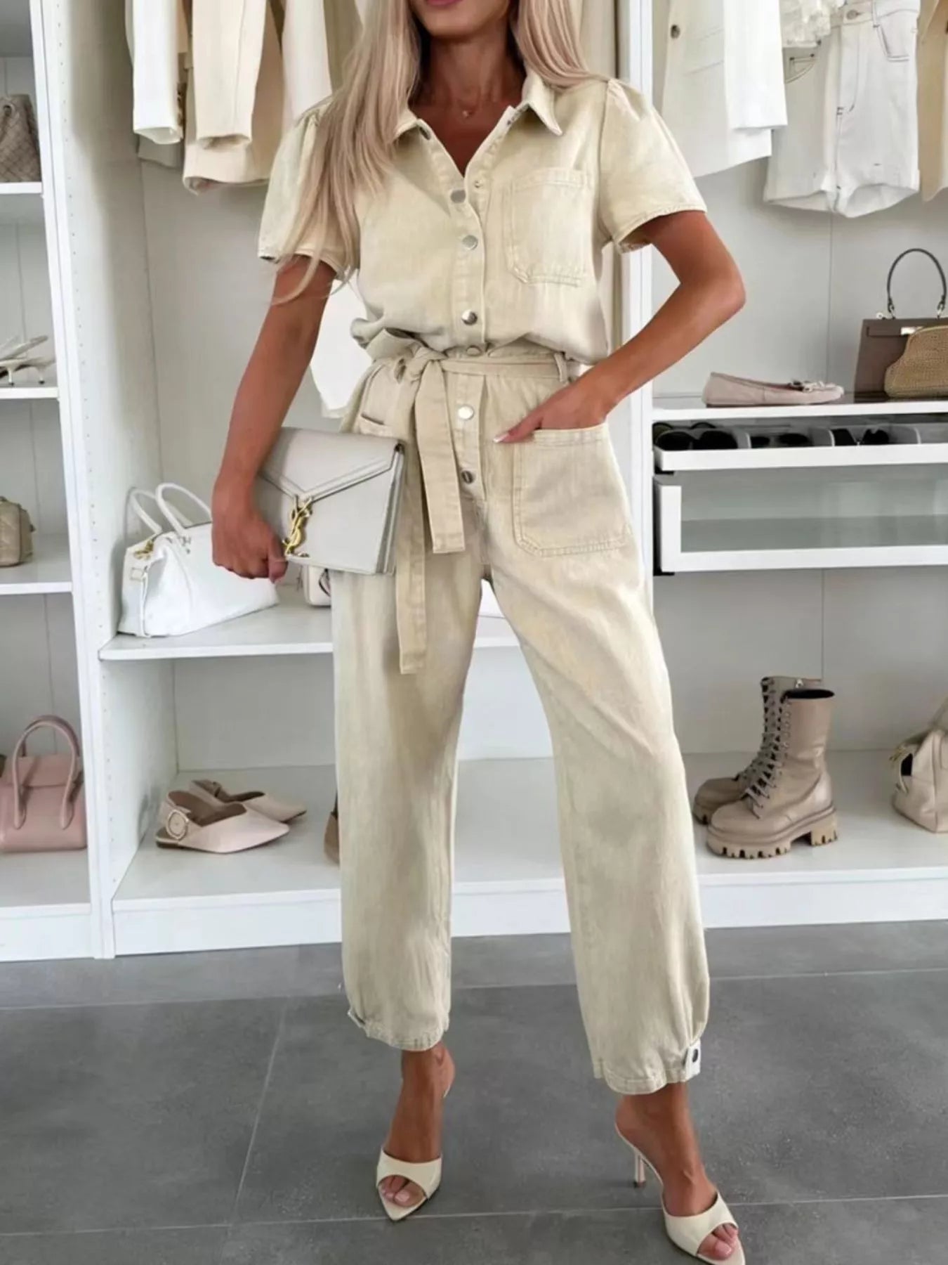 Trendsi Vintage Wash Short Sleeve Denim Jumpsuit -