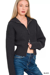 Trendsi Zenana Ribbed Collared Zip Up Sweater Cardigan -
