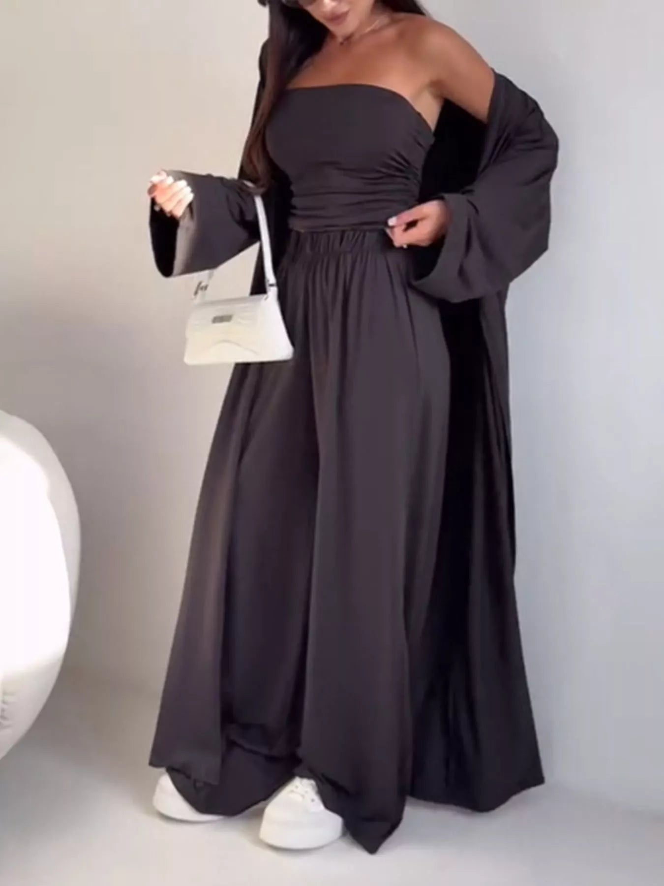 Trendsi Chic Strapless Ruched Crop Top and Wide-Leg Pants with Cardigan 3-Piece Set -