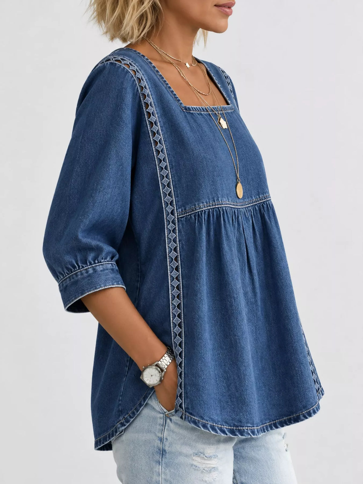 Navy square neck embroidered denim blouse
