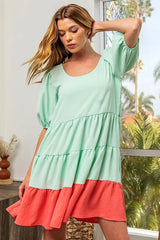 Trendsi BiBi Two-Tone Balloon Sleeves U Neck Tiered Ruffle Hem Mini Dress -