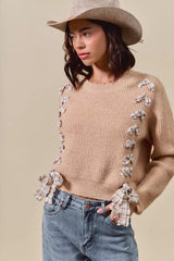 Trendsi SO ME Checkered Plaid Tape Lace Up Ribbed Sweater -