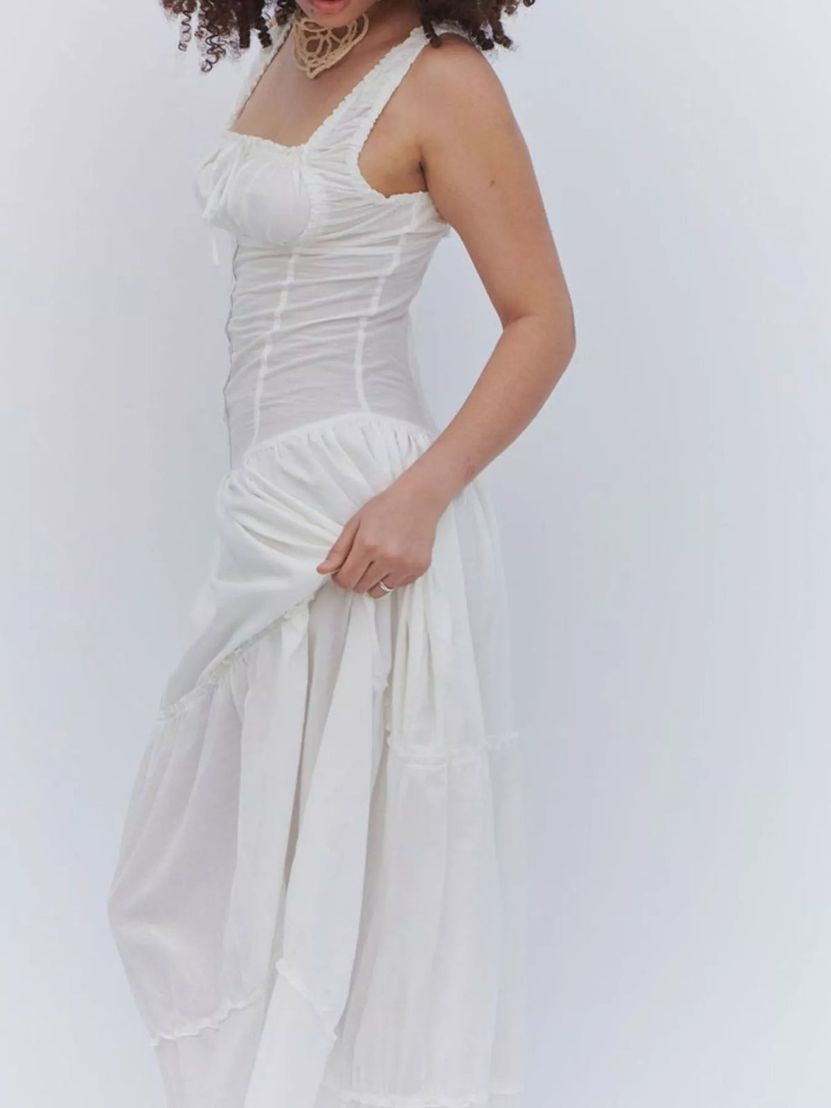 Women's Ruffled Square Neck Tiered Maxi Dress in white — side view