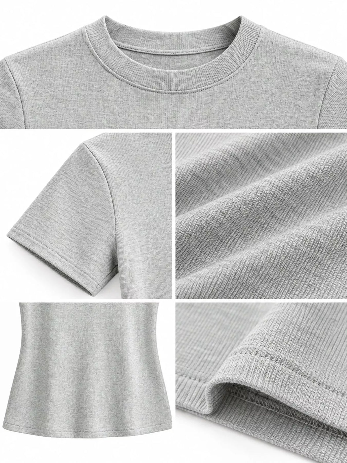 Light gray slim-fit crew neck T-shirt, neckline, sleeve and hem detail collage