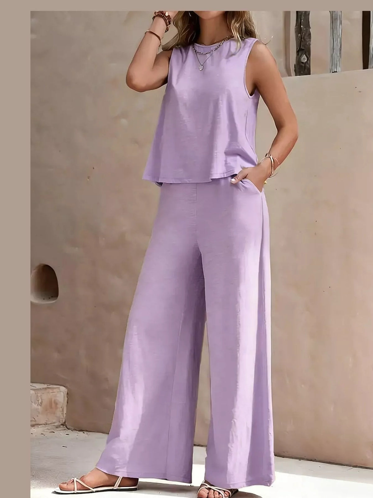 Sleeveless Tank Top and Wide-Leg Pants Set — front view