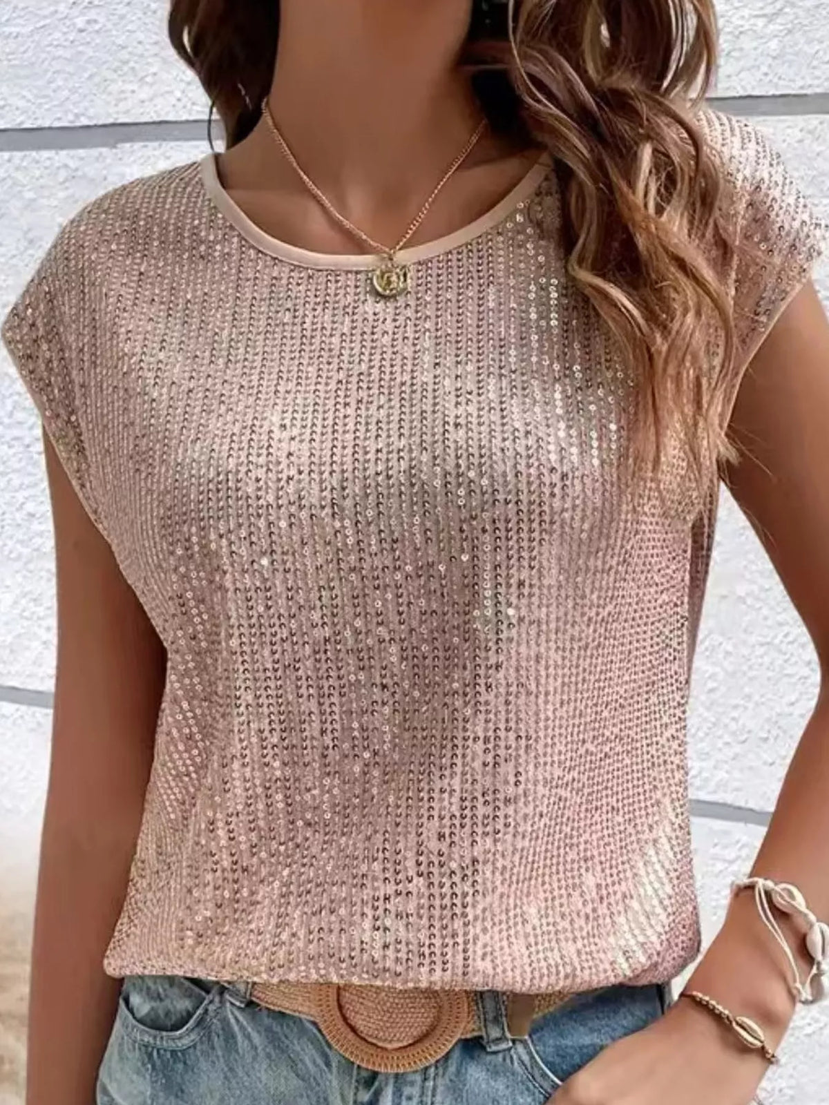 Champagne sequin round neck tank, front view