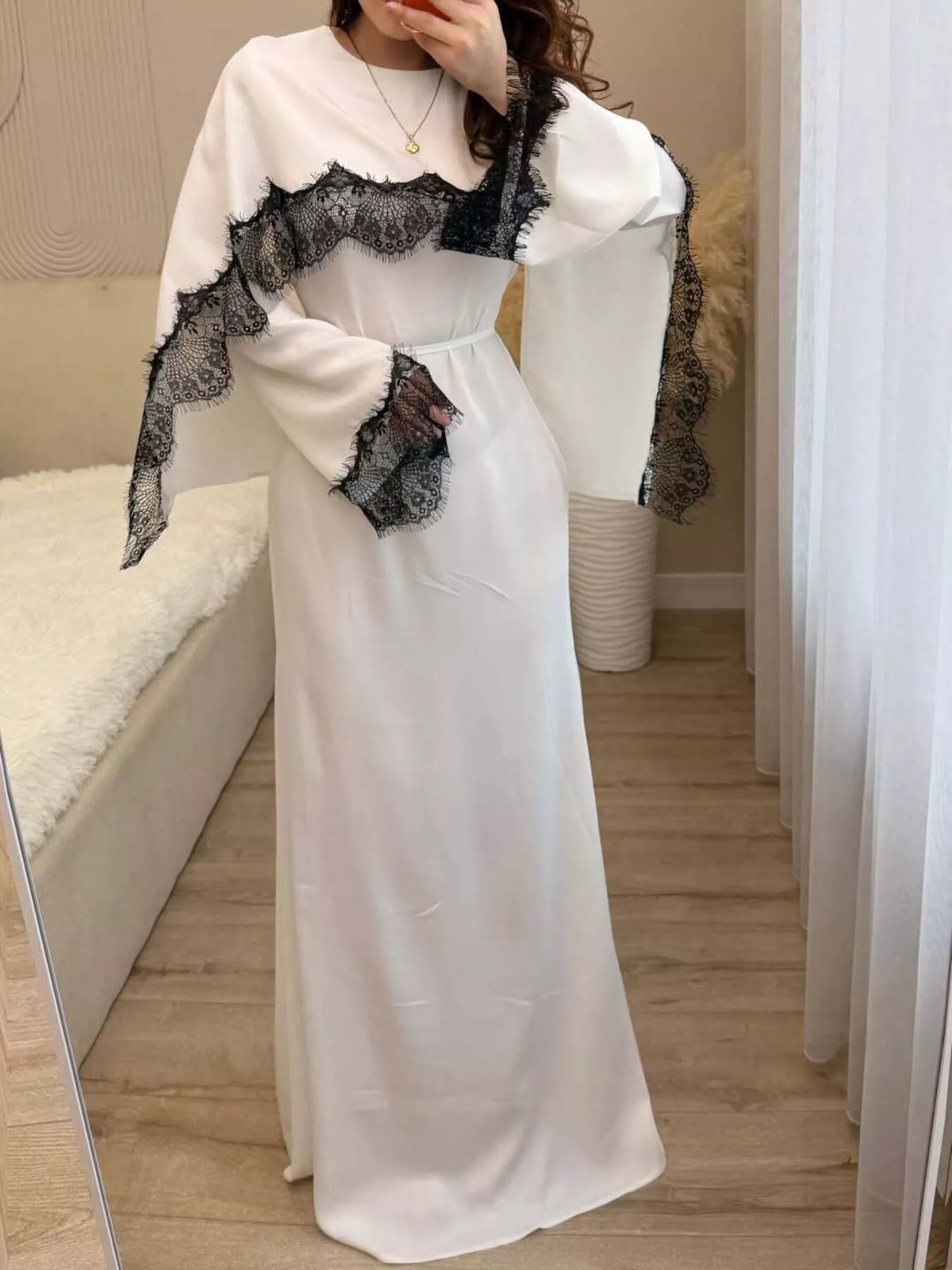 Round neck long sleeve maxi dress, front view on model