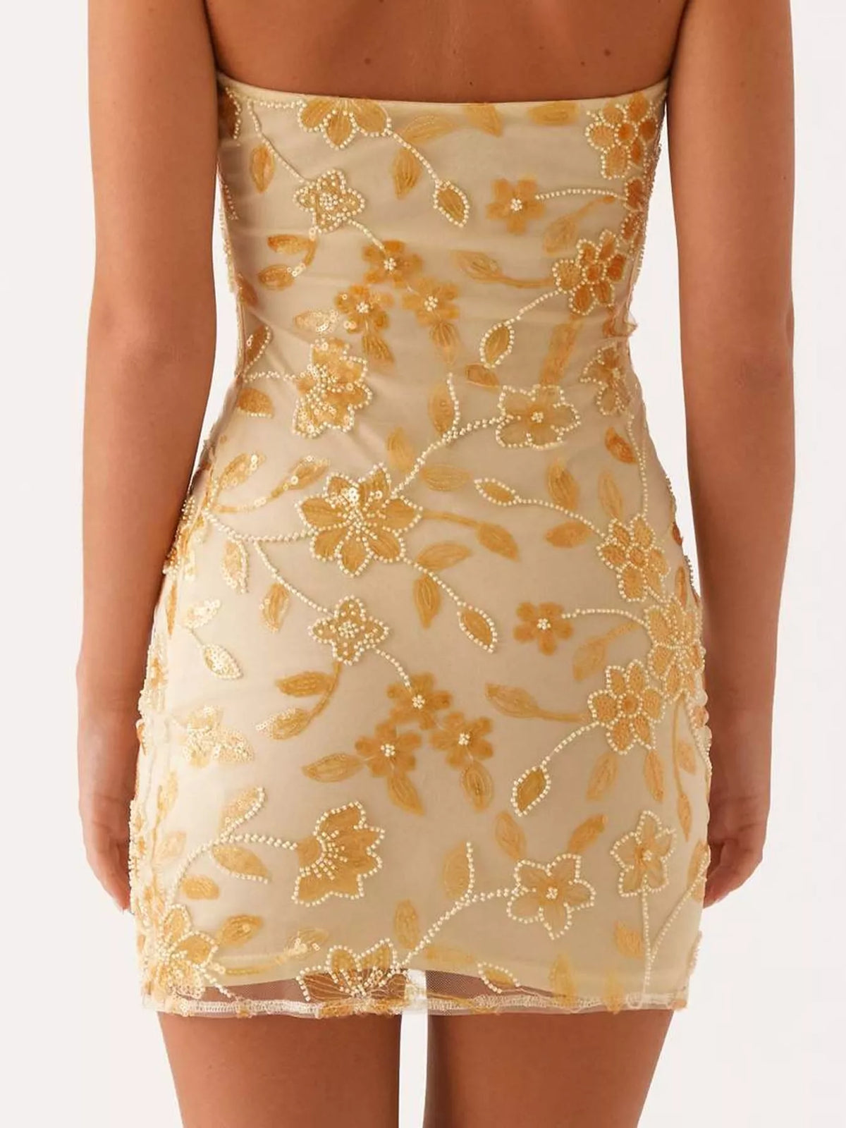 strapless mini dress, back view