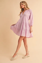 Trendsi Aemi + Co Notched Balloon Sleeve Tiered Mini Dress -