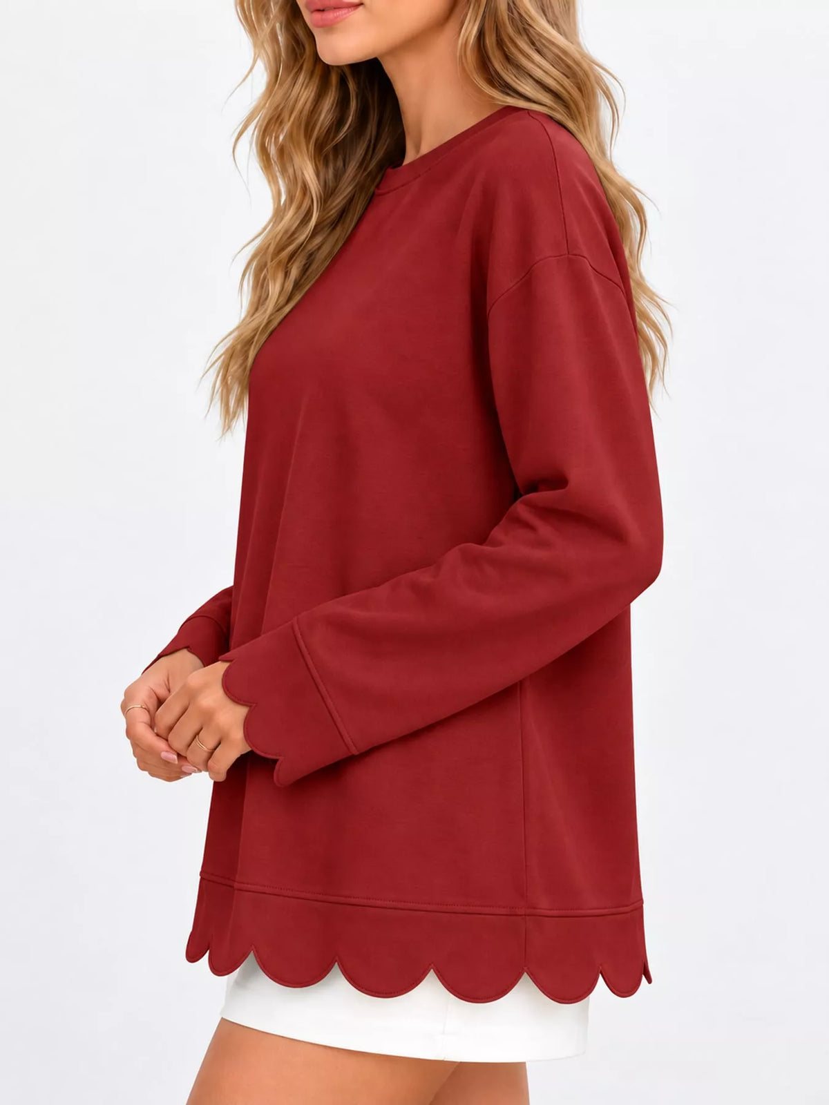 Brick Red scalloped hem crewneck sweatshirt