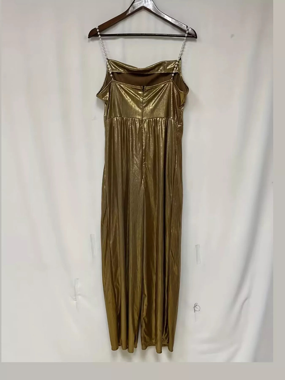 Metallic Wide-Leg Jumpsuit with Pearl Strap Detail in gold
