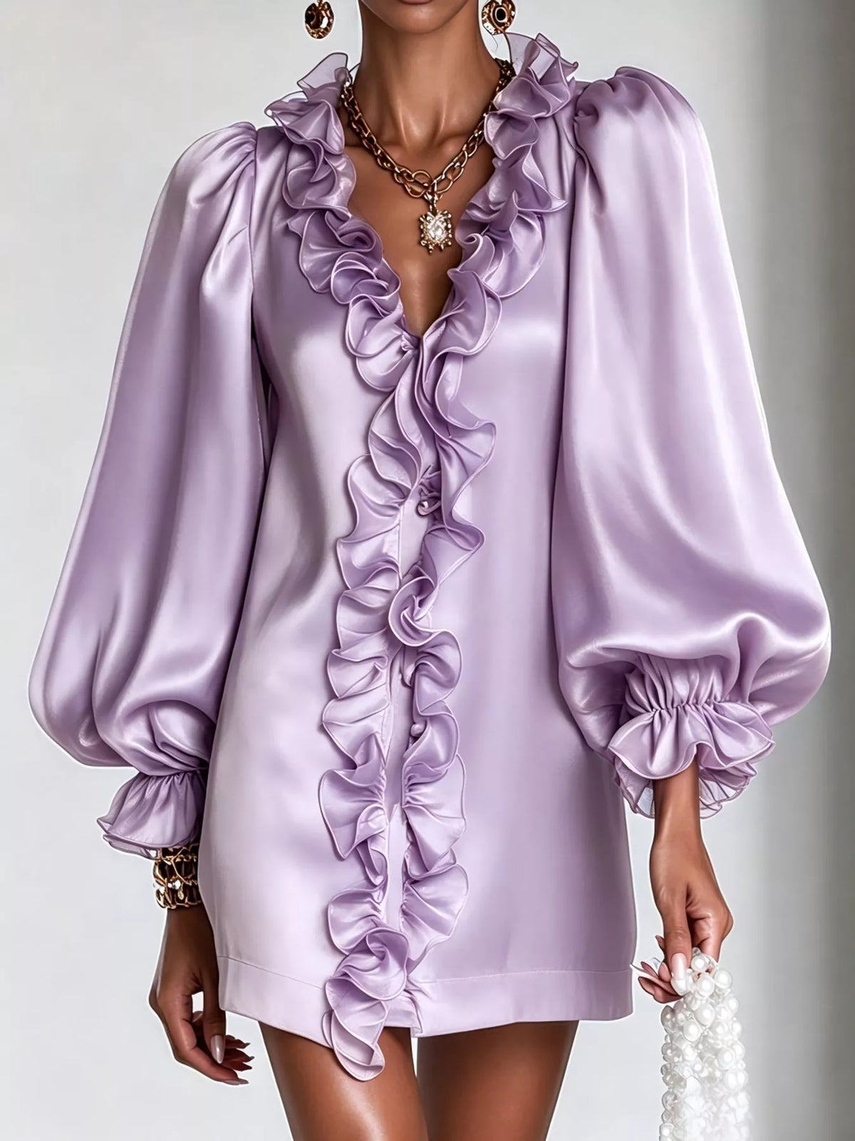 Ruffle Trim Puff Sleeve Mini Dress in lavender, front view