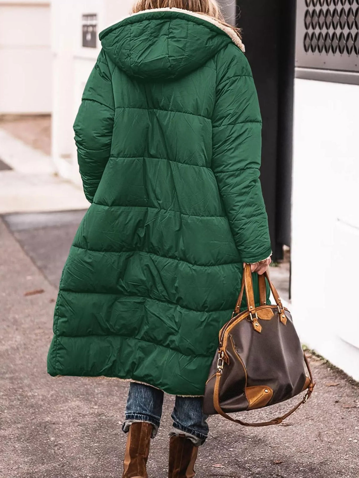 Green longline sherpa-lined hooded puffer coat, back view